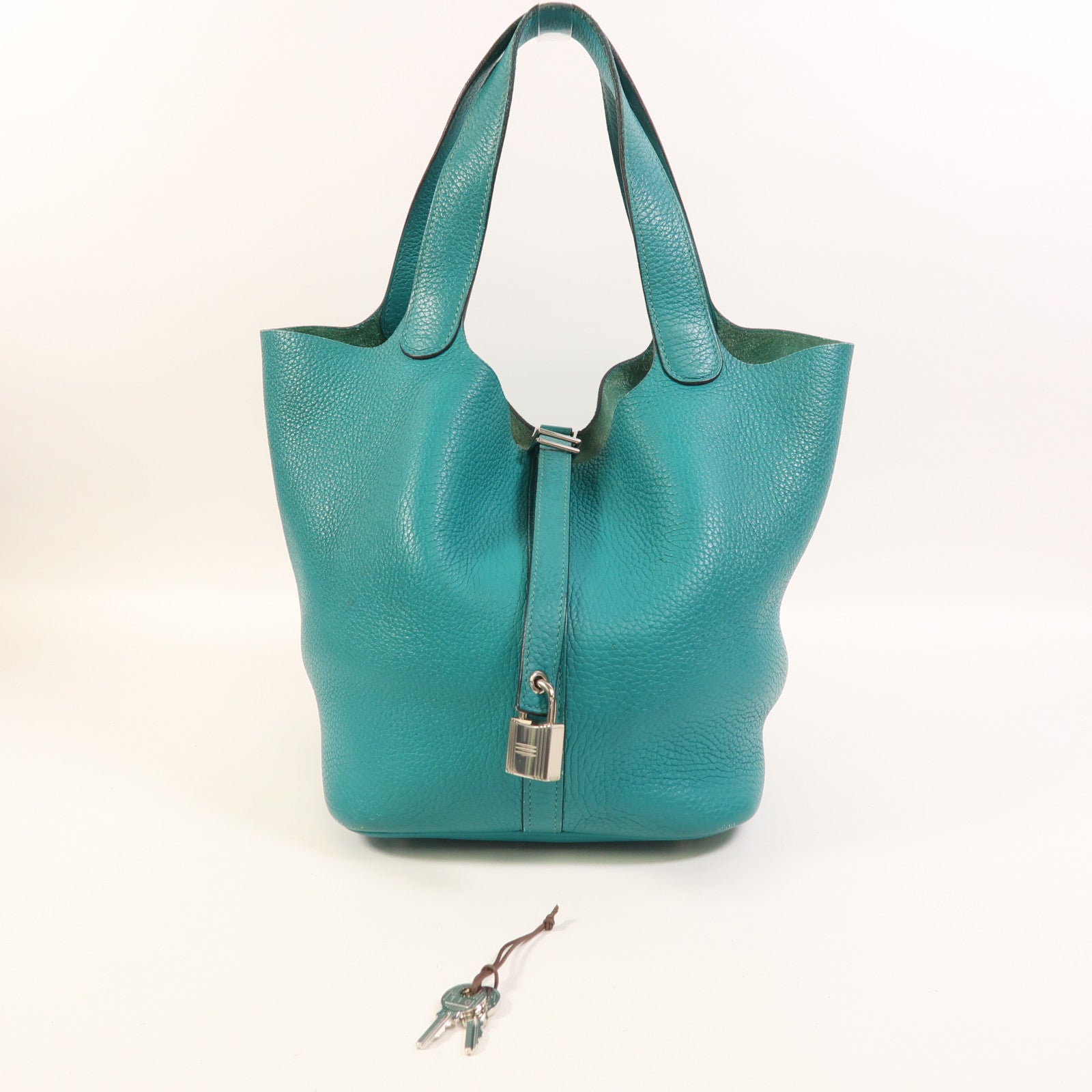 HERMES Clemence皮革Picotin MM銀扣手挽袋Bleu Paon