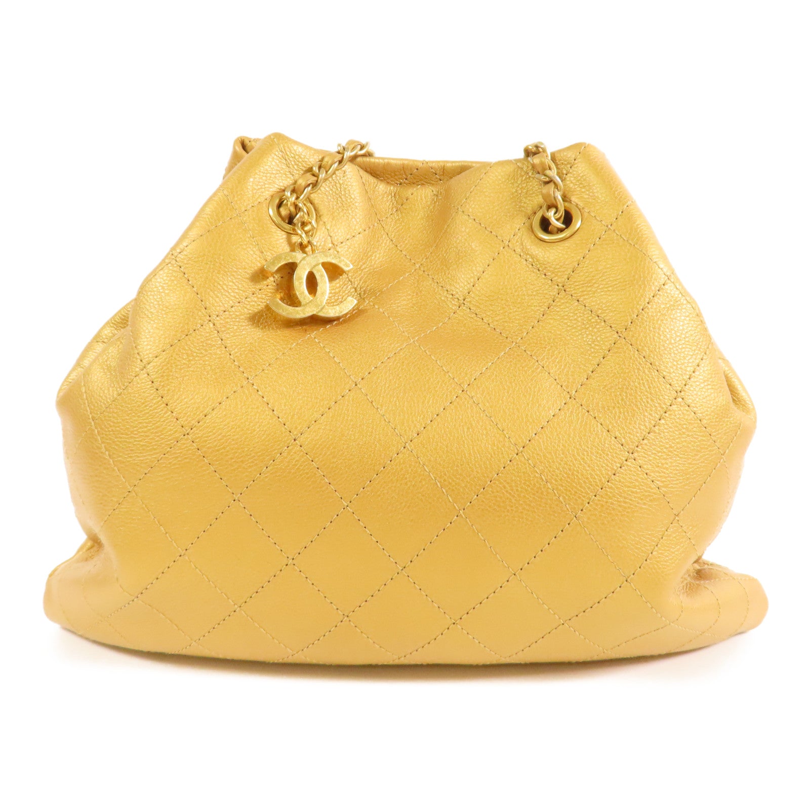 CHANEL 【激減優惠】菱格牛皮皮革Chain Shoulder金扣鏈帶肩背袋金色