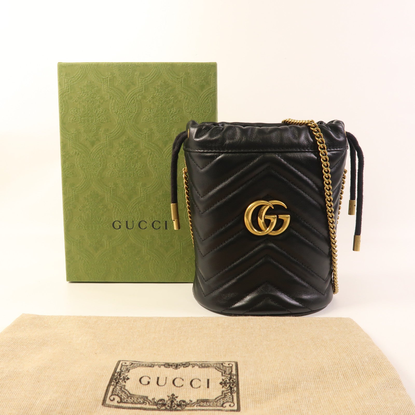 GUCCI 牛皮皮革GG Marmont Bucket金扣鏈帶肩背袋