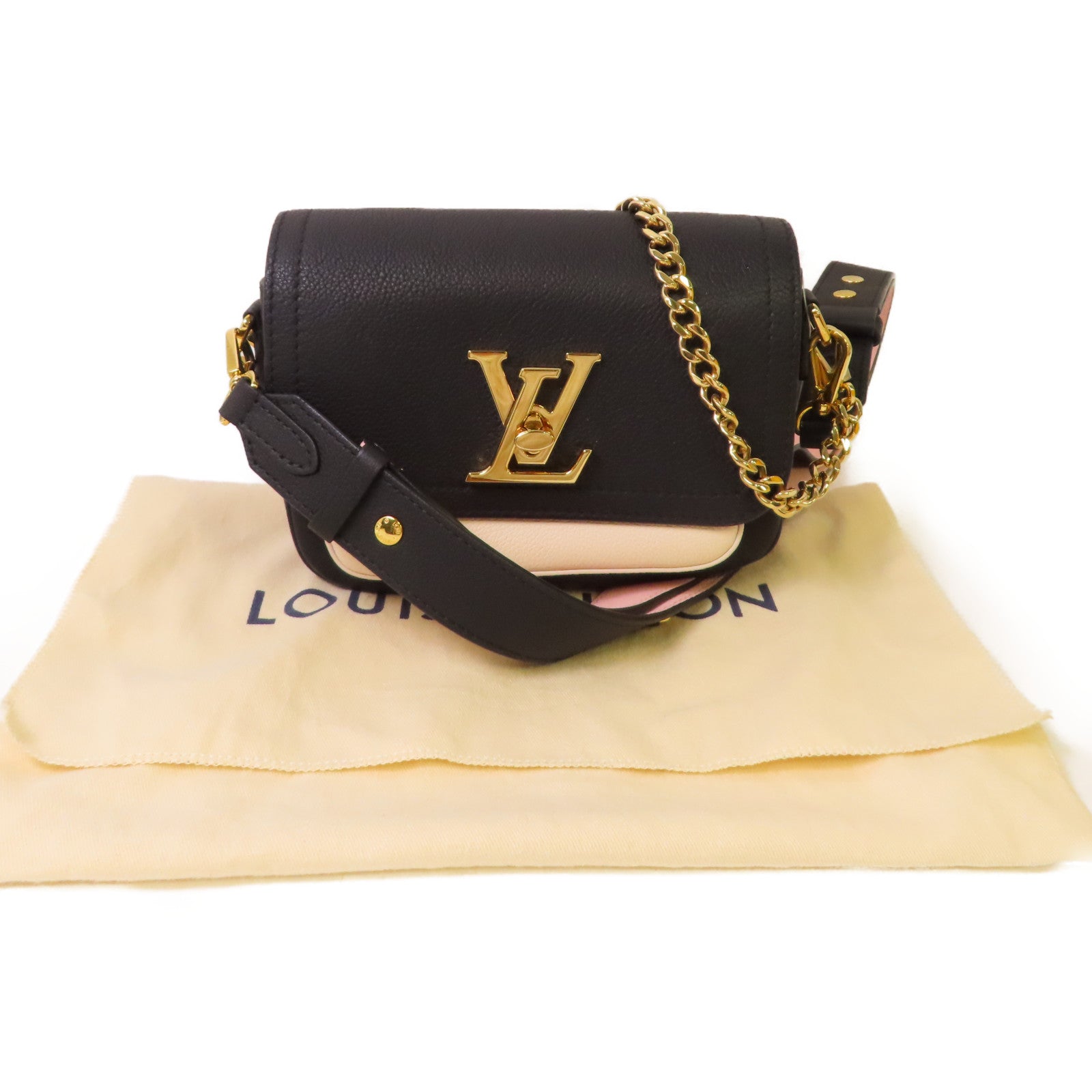 LOUIS VUITTON 牛皮皮革Lockme Tender 2Way Shoulder Bag金扣手挽肩背兩用袋黑色/粉紅色