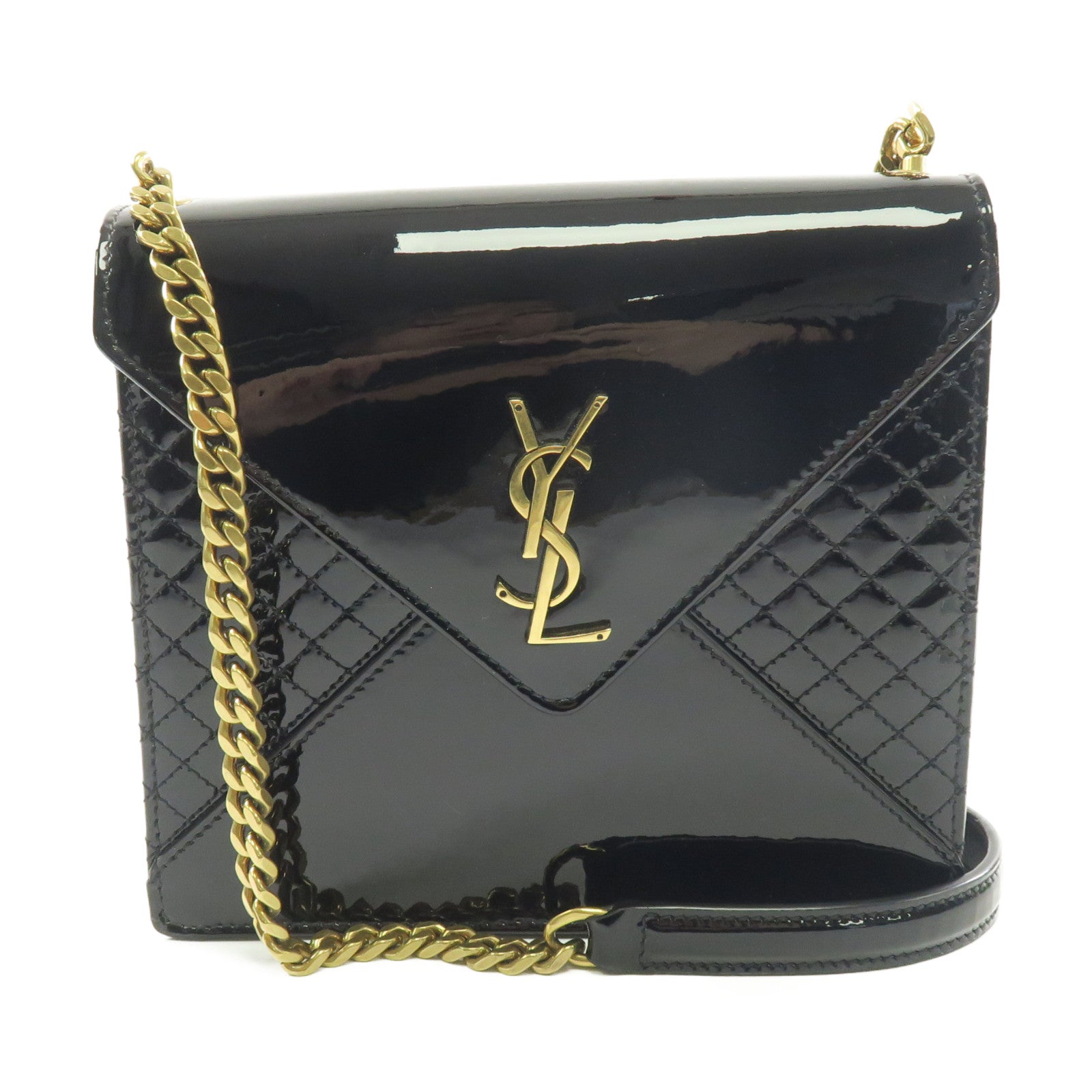 SAINT LAURENT 漆皮皮革Chain Shoulder Bag金扣鏈帶肩背袋黑色