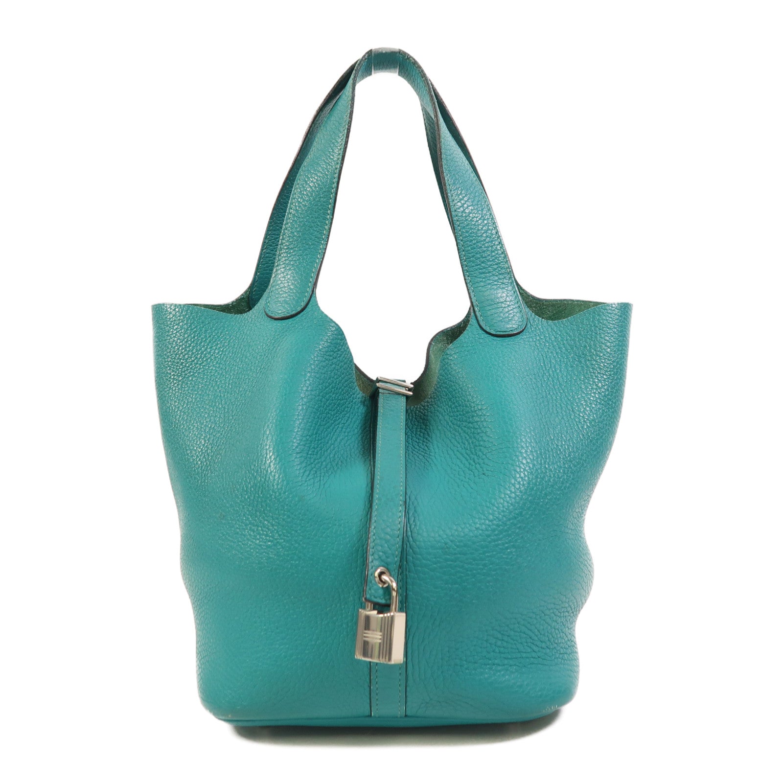 HERMES Clemence皮革Picotin MM銀扣手挽袋Bleu Paon