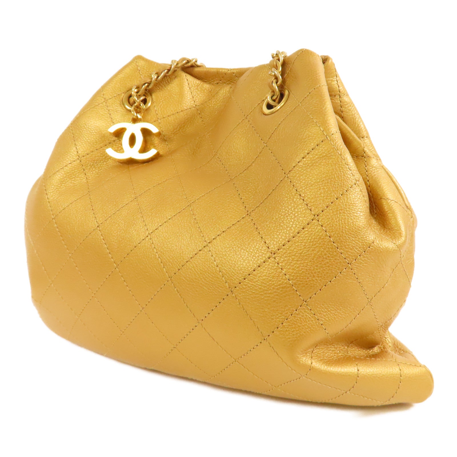 CHANEL 【激減優惠】菱格牛皮皮革Chain Shoulder金扣鏈帶肩背袋金色