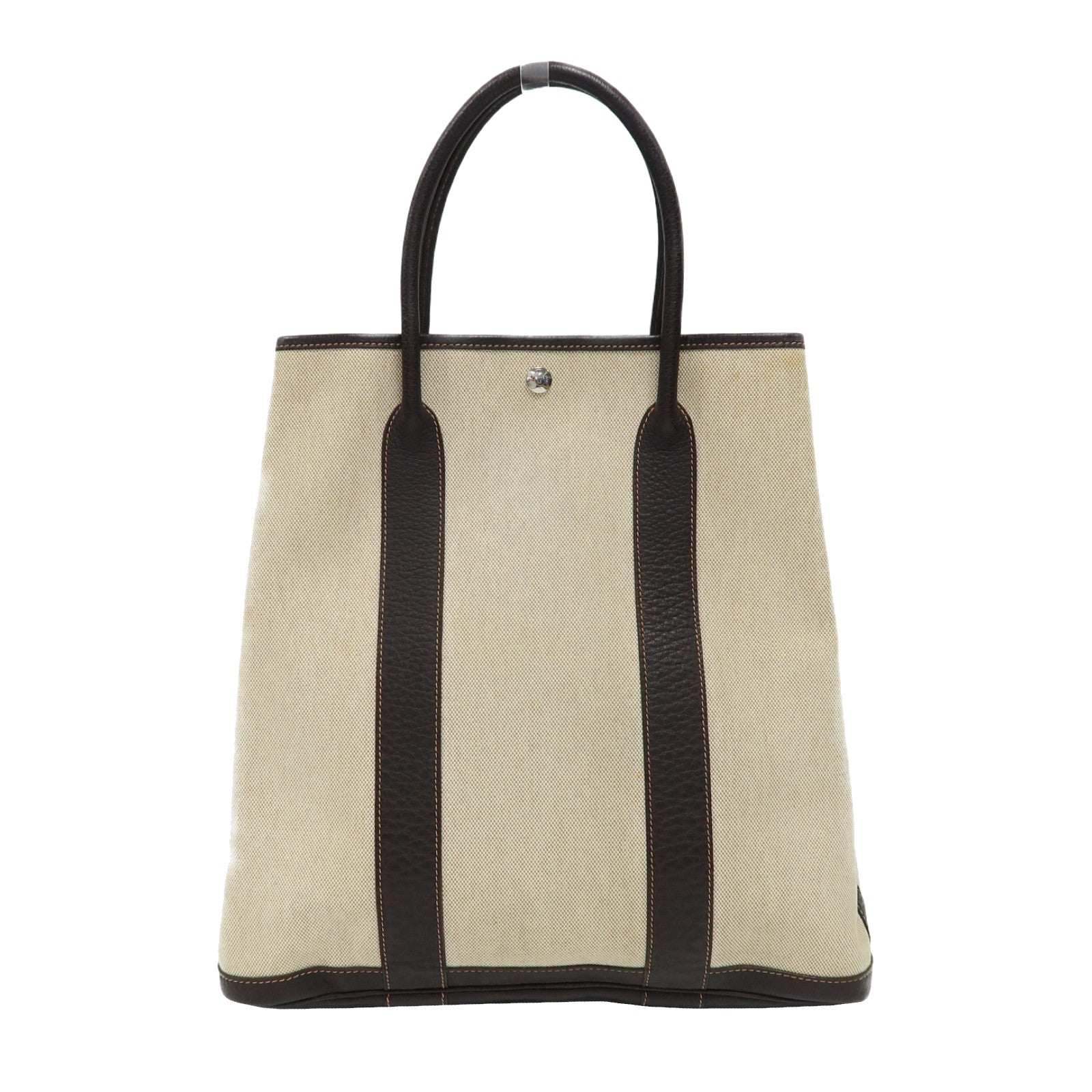 HERMES Toile H帆布Garden File MM銀扣手挽袋啡色/米色