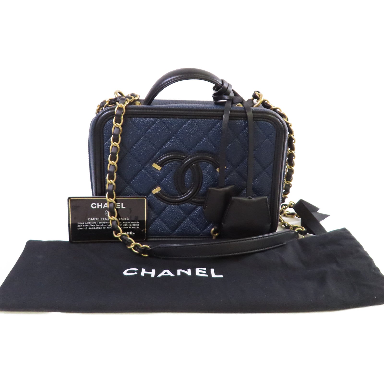 CHANEL 菱格Caviar皮革Vanity Case Chain Shoulder Bag金扣鏈帶手挽肩背兩用袋寶藍色/黑色