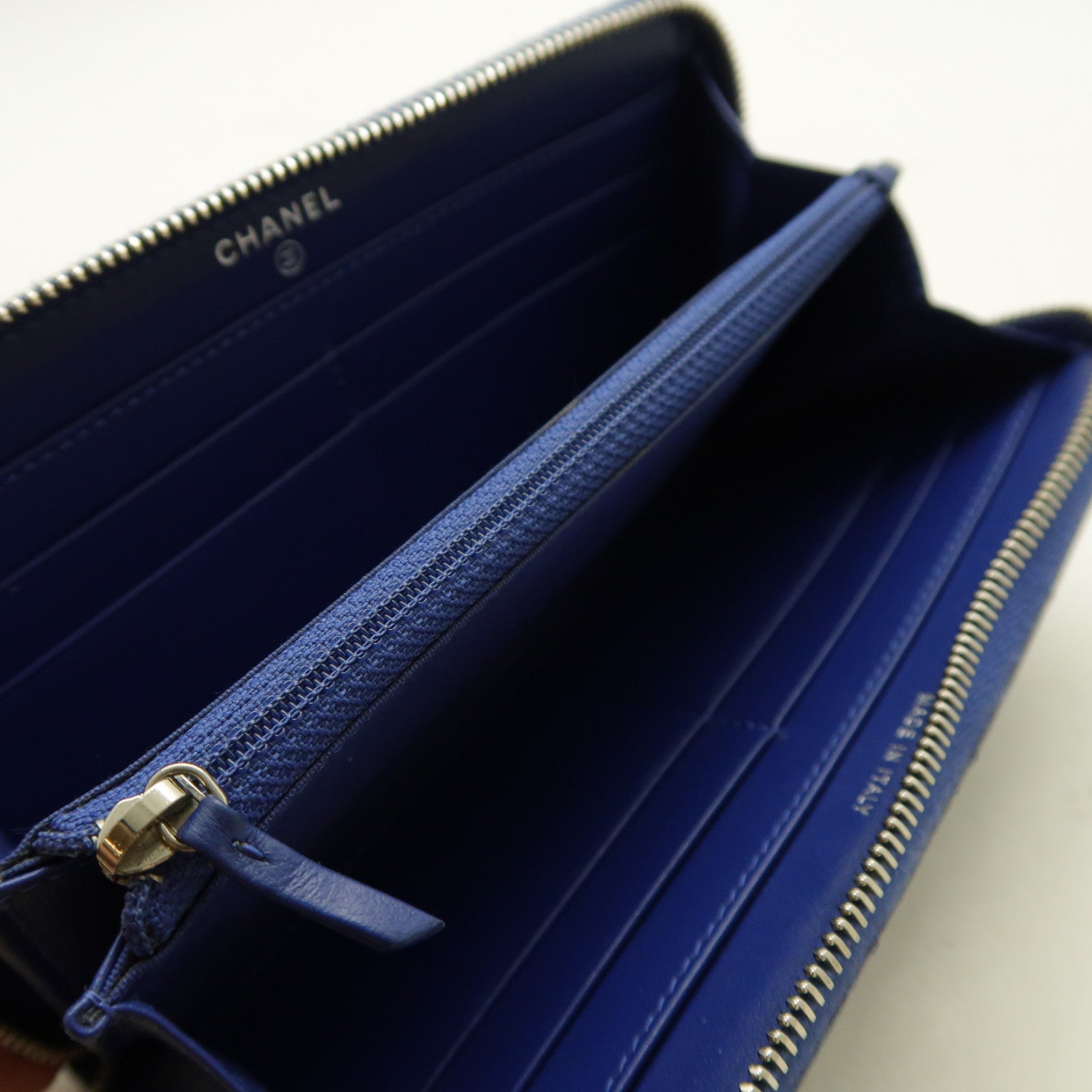CHANEL 菱格Caviar皮革Long Wallet銀扣長錢包藍色