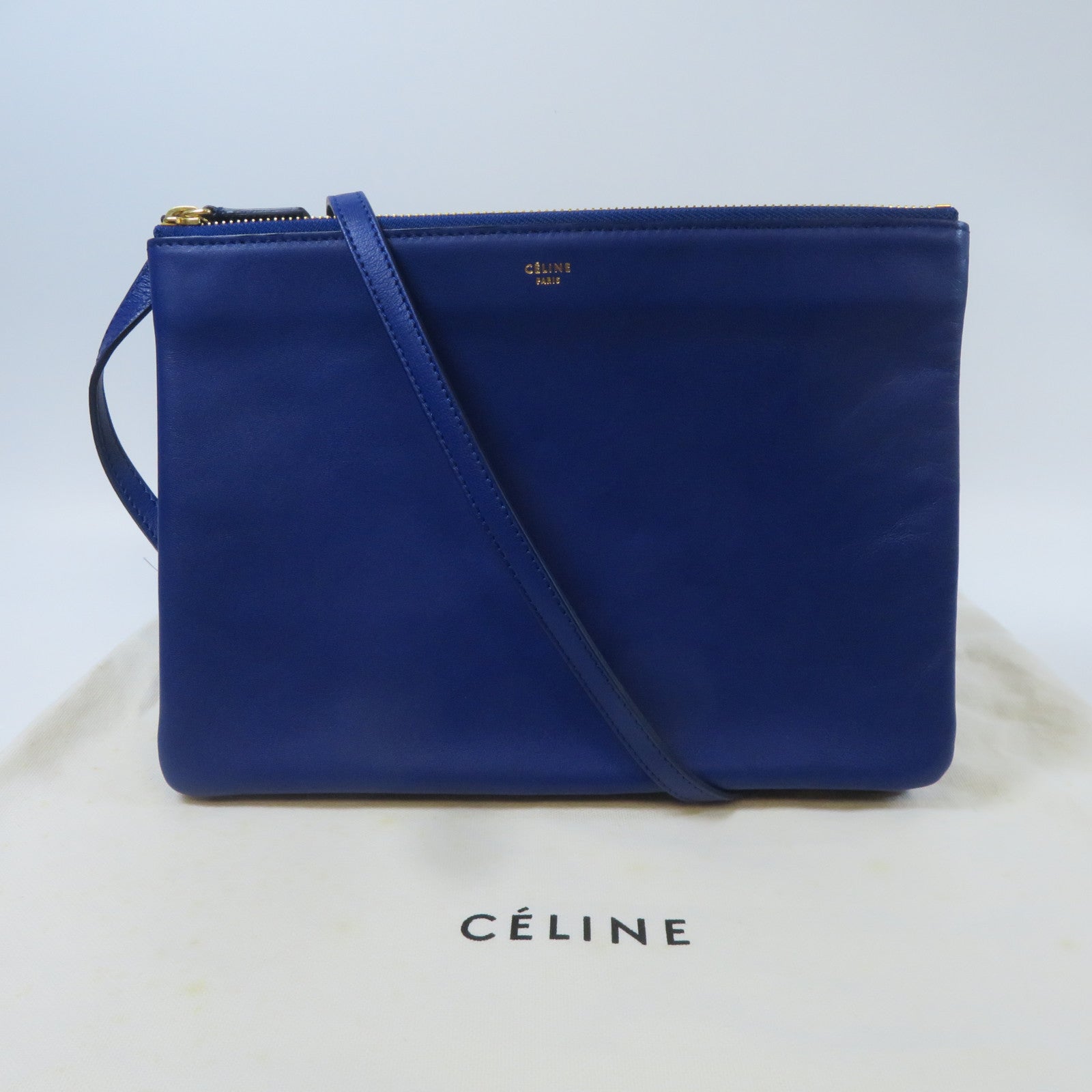 CELINE 【激減優惠】牛皮皮革Trio金扣肩背袋藍色