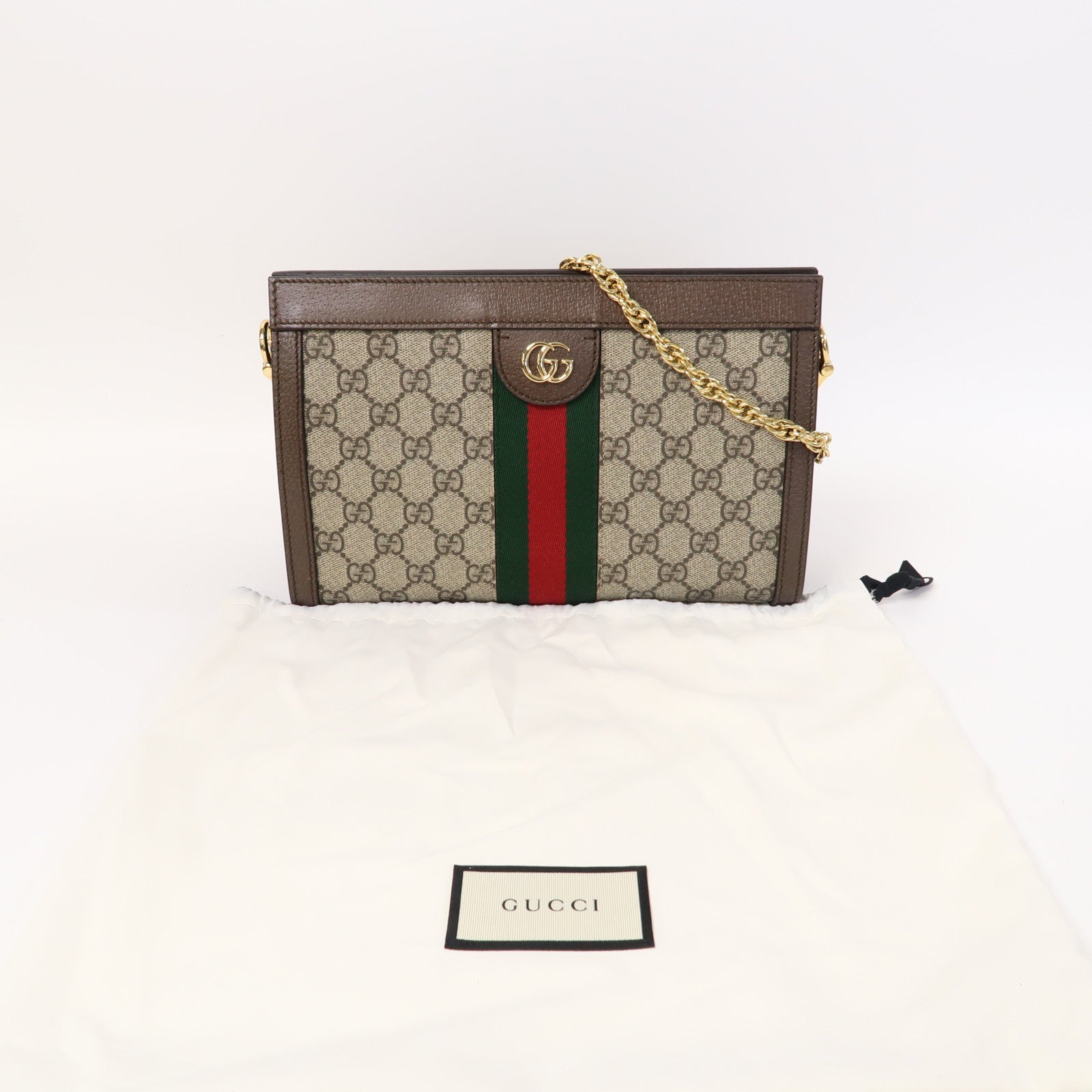 GUCCI 塗層帆布Ophidia GG金扣鏈帶肩背袋啡色