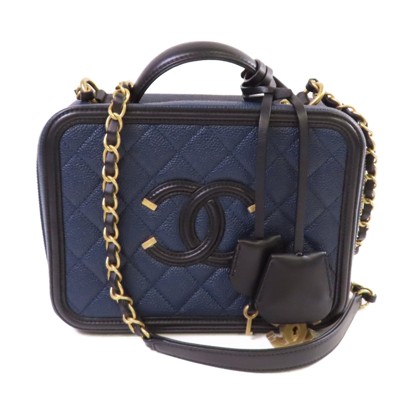 CHANEL 菱格Caviar皮革Vanity Case Chain Shoulder Bag金扣鏈帶手挽肩背兩用袋寶藍色/黑色