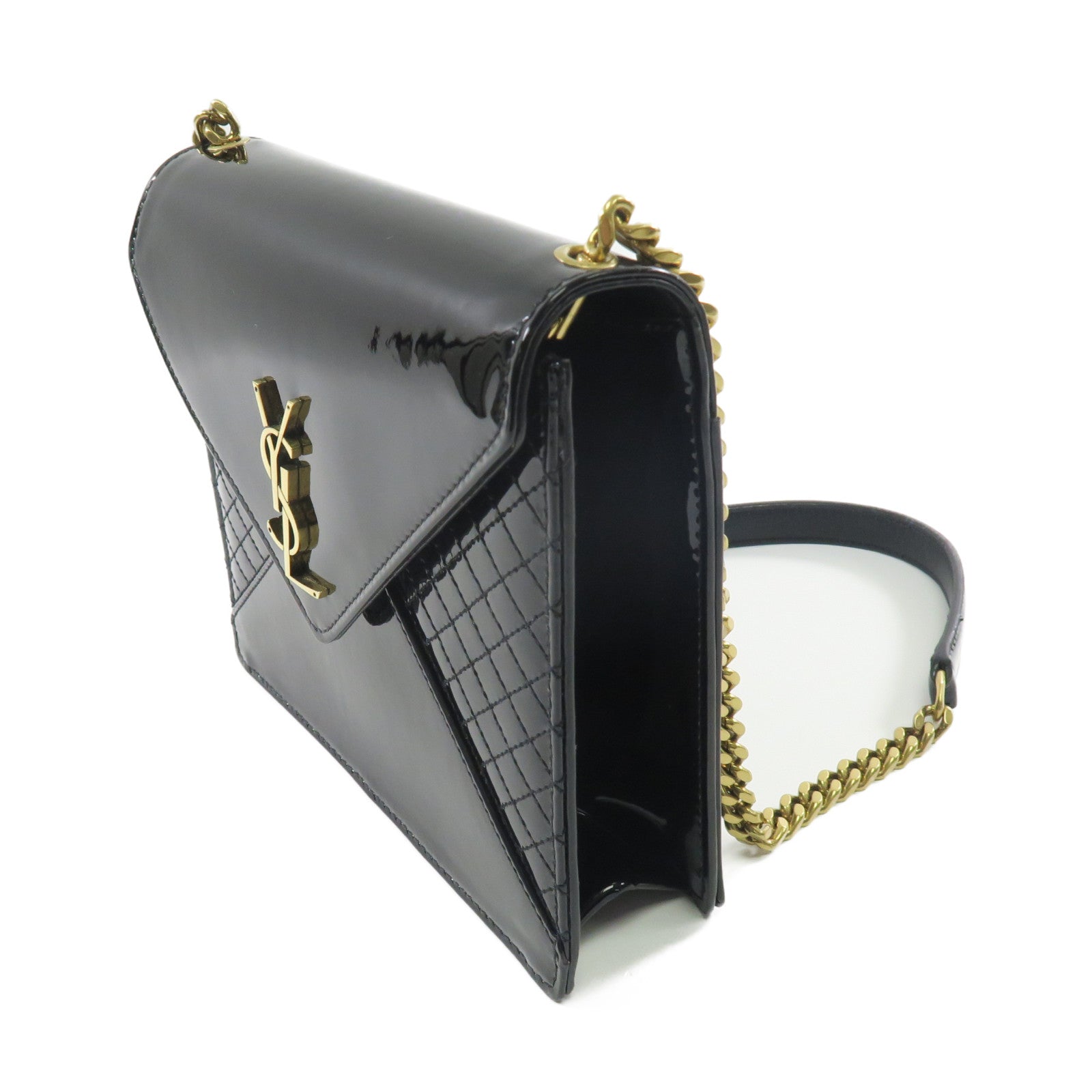 SAINT LAURENT 漆皮皮革Chain Shoulder Bag金扣鏈帶肩背袋黑色