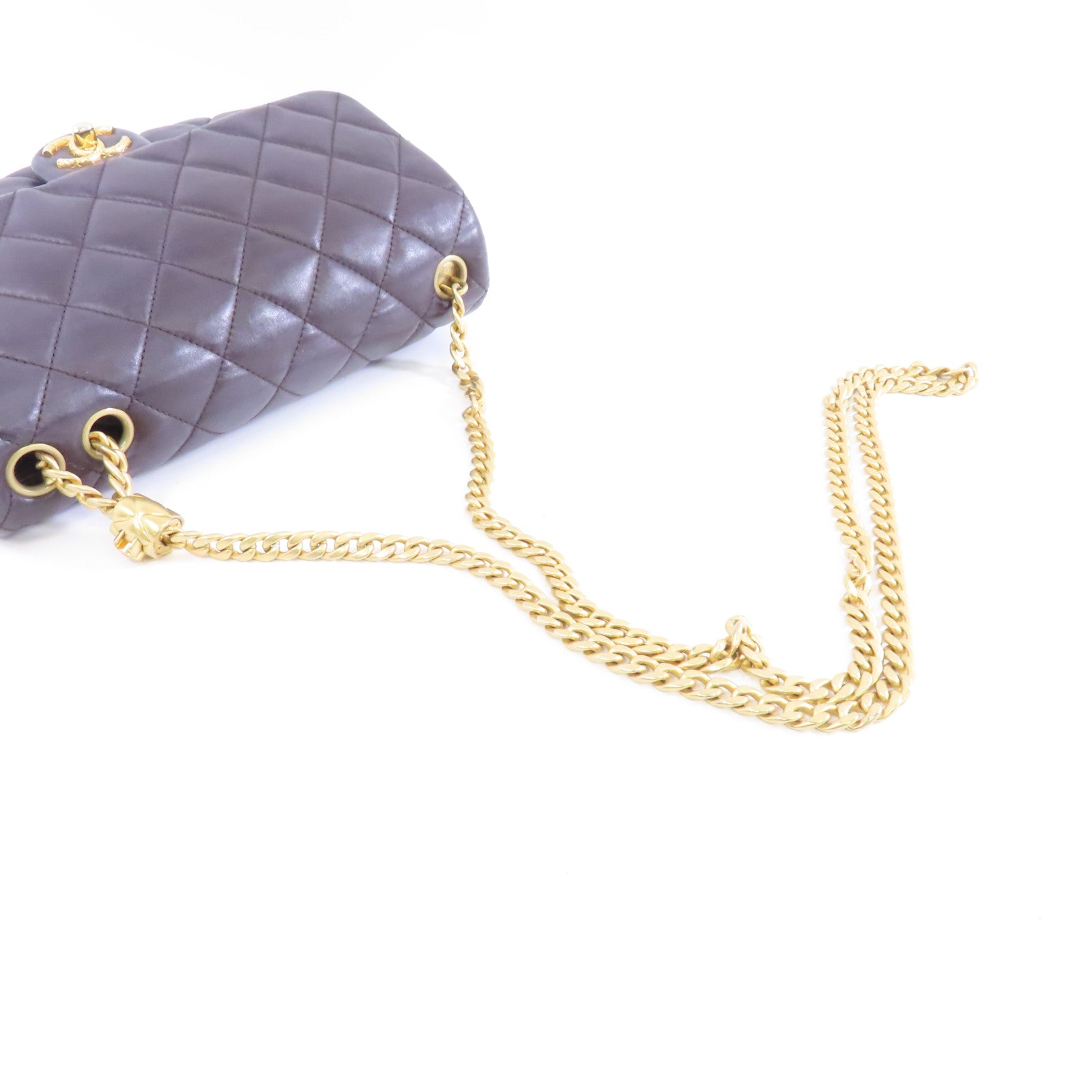 CHANEL 菱格羊皮皮革Chain Shoulder Bag金扣鏈帶肩背袋啡色
