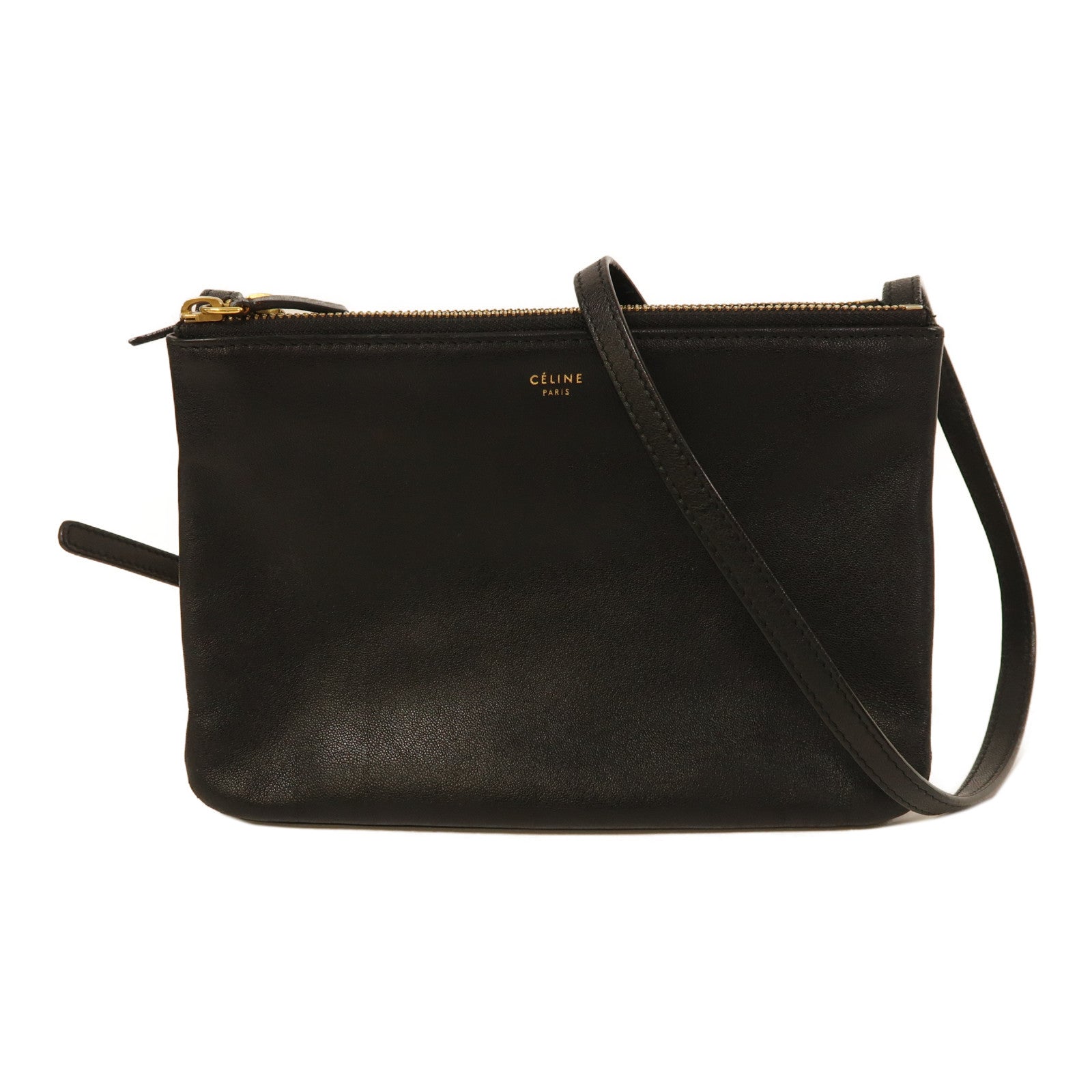 CELINE 羊皮皮革Trio金扣肩背袋黑色