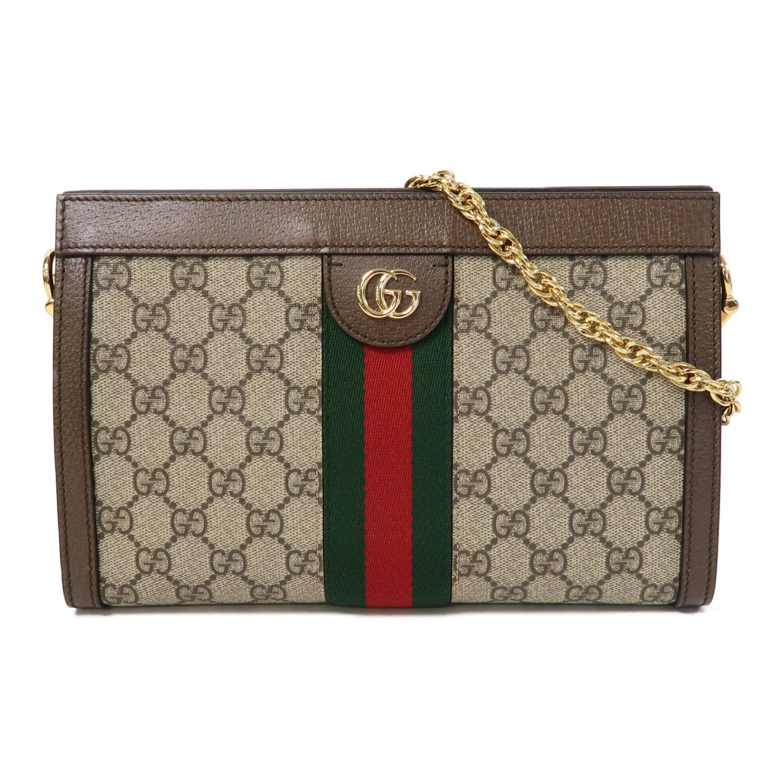 GUCCI 塗層帆布Ophidia GG金扣鏈帶肩背袋啡色
