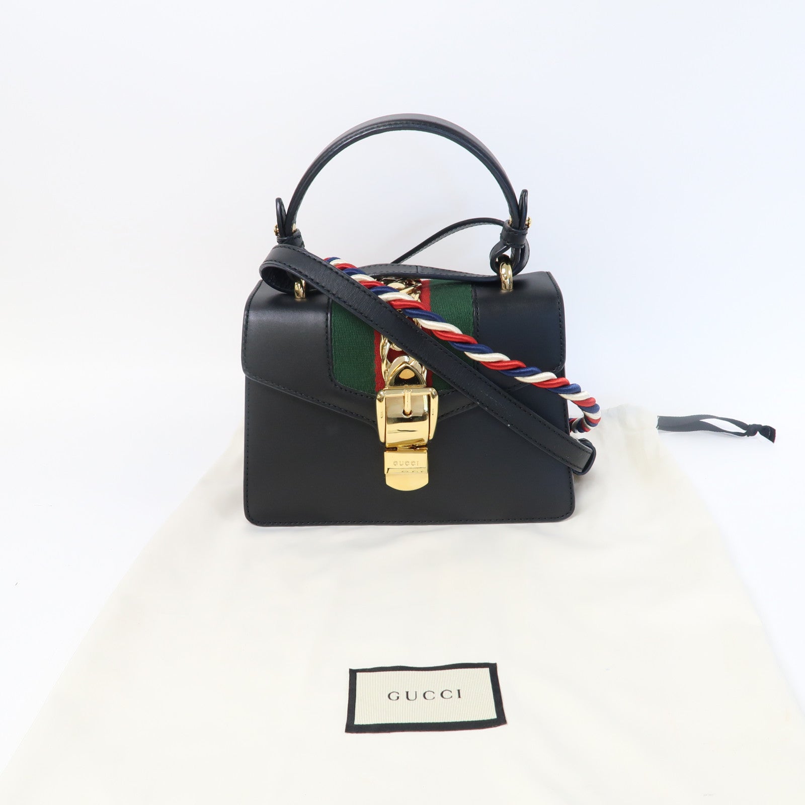 GUCCI 牛皮皮革Sylvie金扣手挽肩背兩用袋黑色