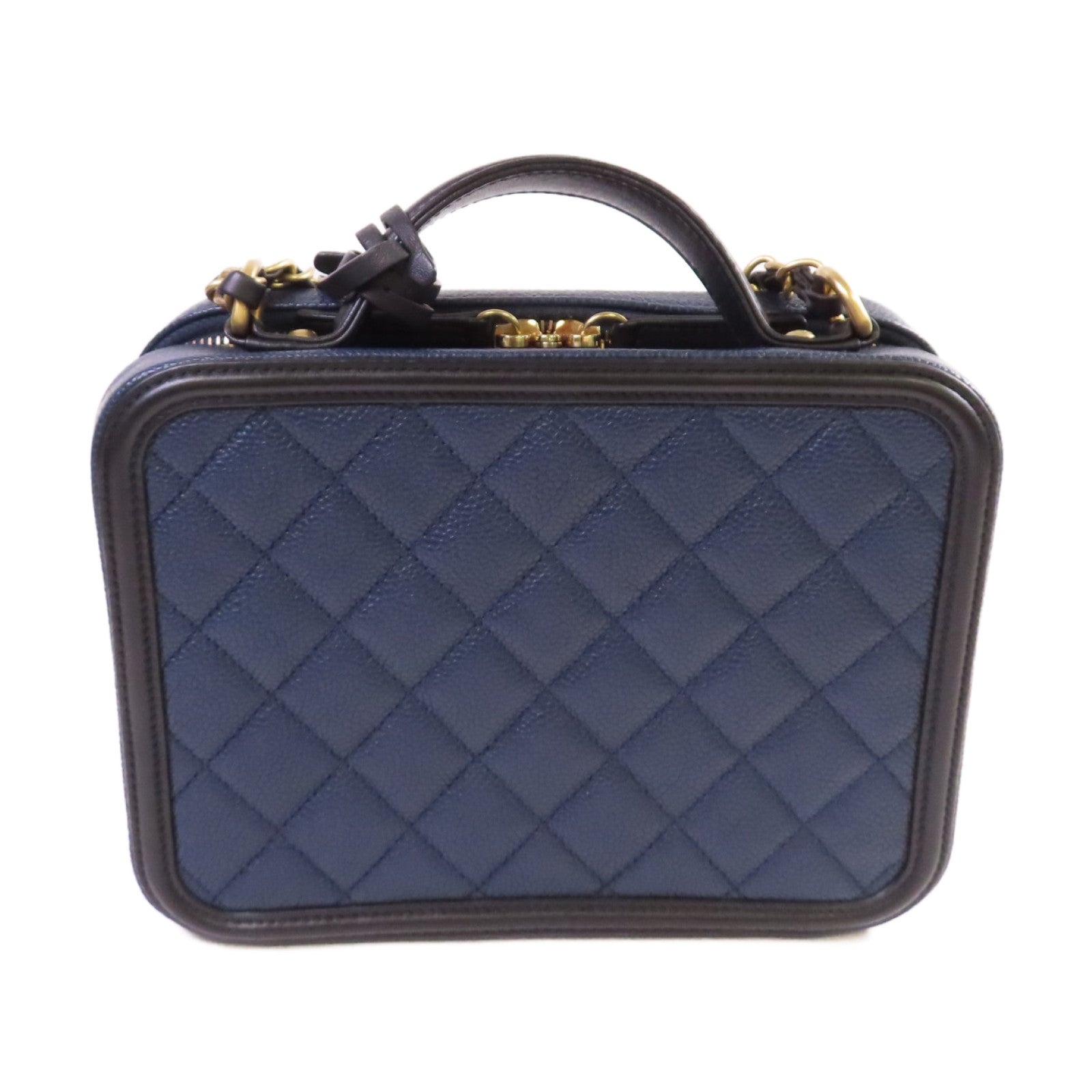 CHANEL 菱格Caviar皮革Vanity Case Chain Shoulder Bag金扣鏈帶手挽肩背兩用袋寶藍色/黑色