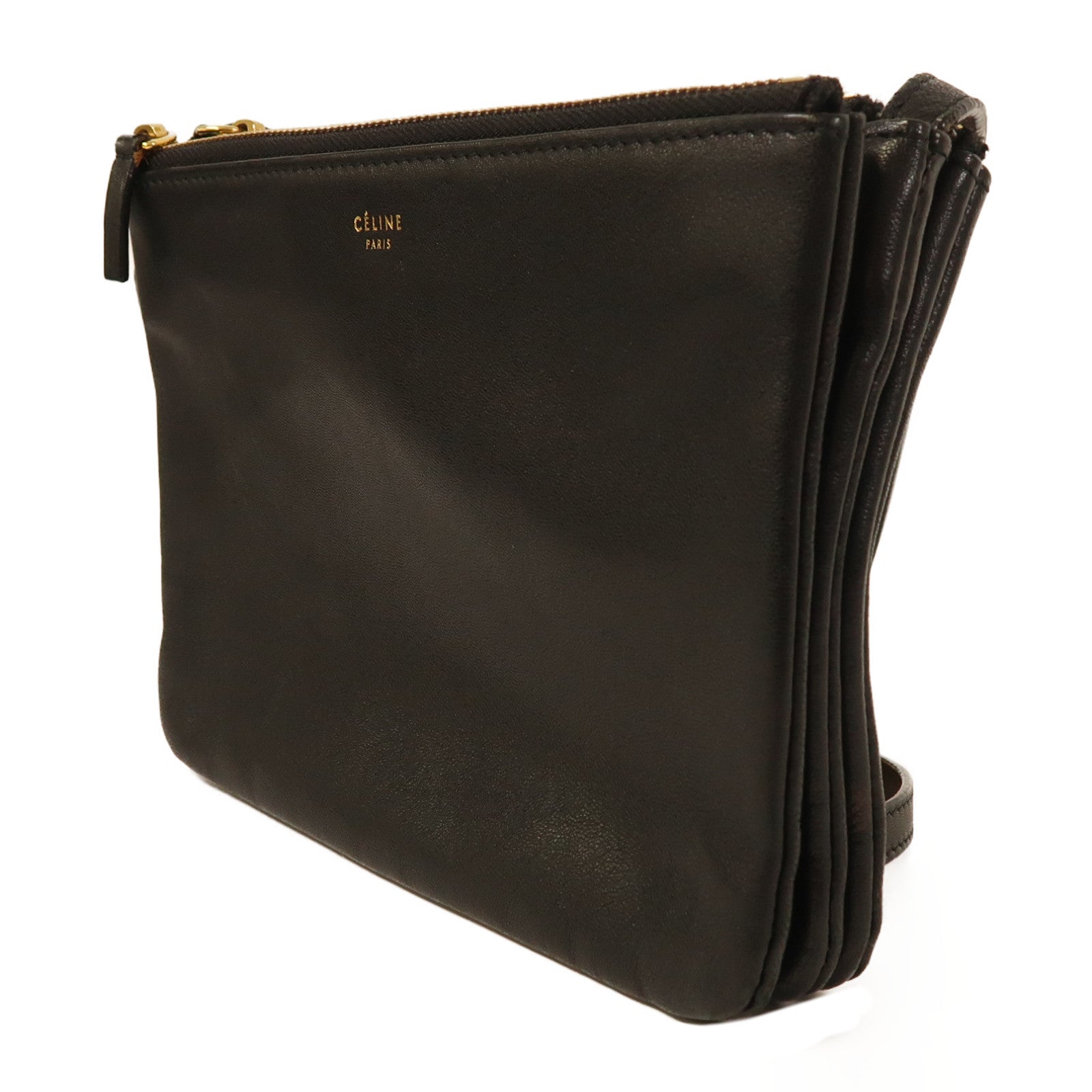 CELINE 羊皮皮革Trio金扣肩背袋黑色