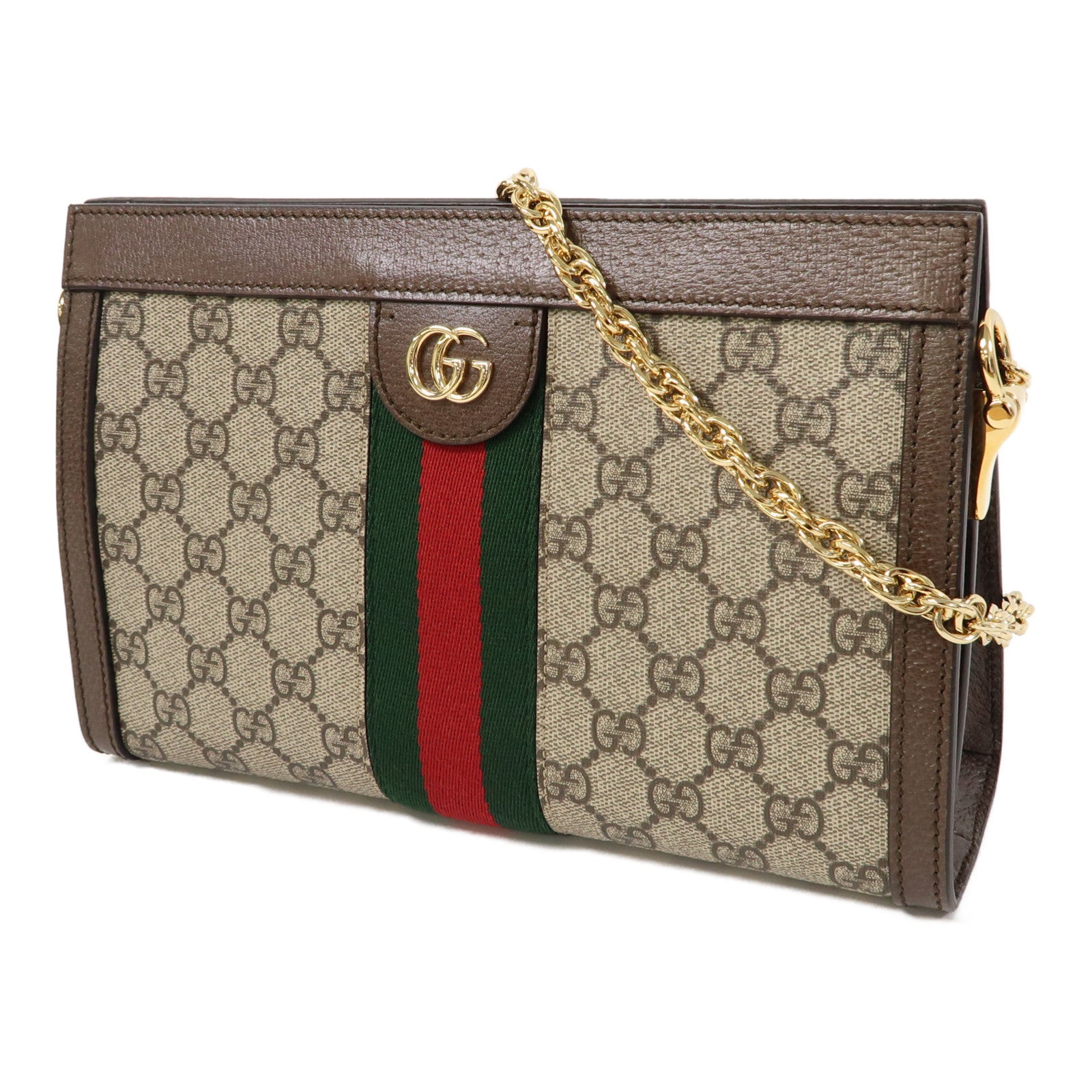 GUCCI 塗層帆布Ophidia GG金扣鏈帶肩背袋啡色