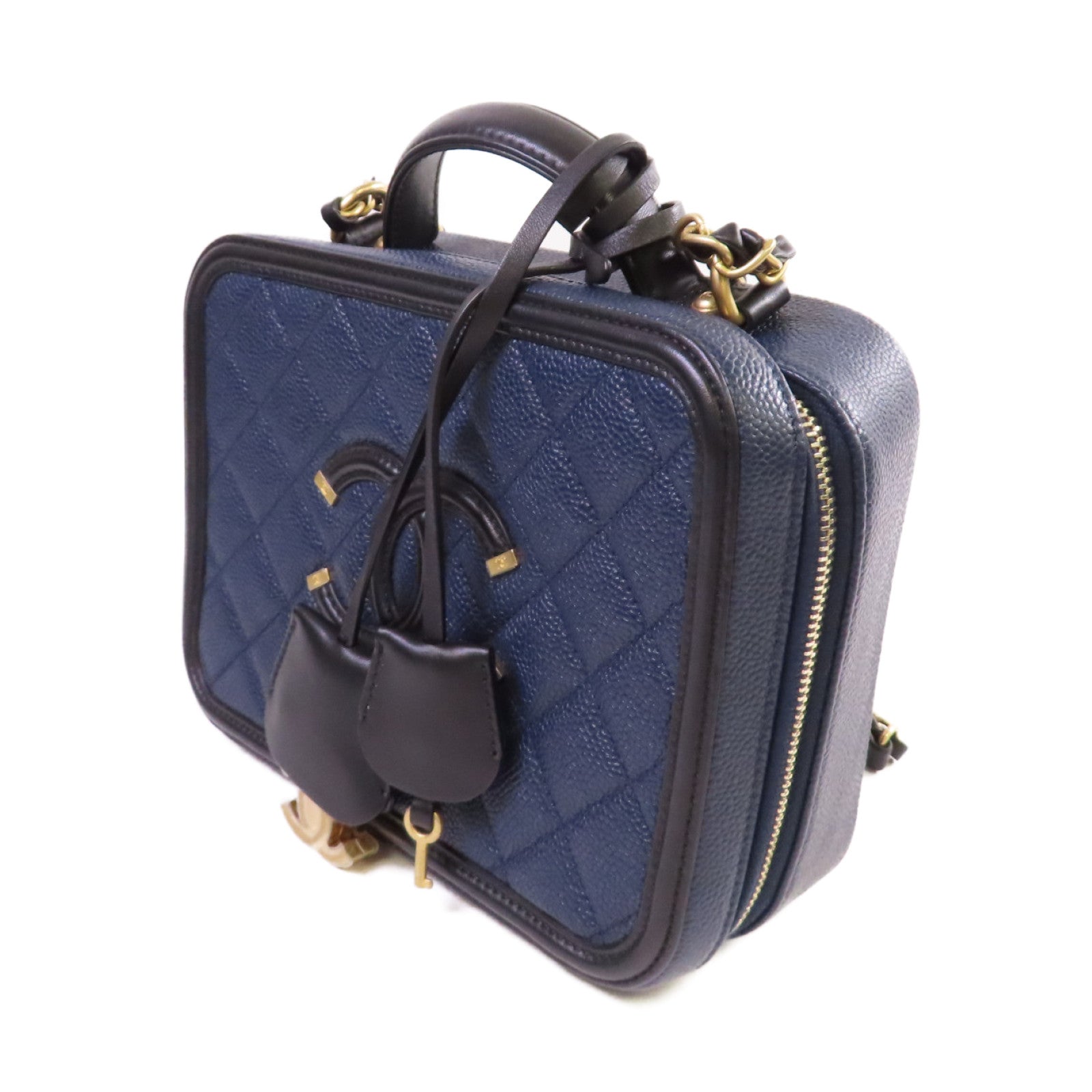 CHANEL 菱格Caviar皮革Vanity Case Chain Shoulder Bag金扣鏈帶手挽肩背兩用袋寶藍色/黑色