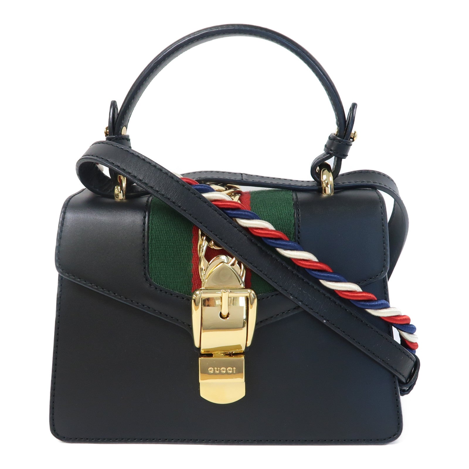 GUCCI 牛皮皮革Sylvie金扣手挽肩背兩用袋黑色