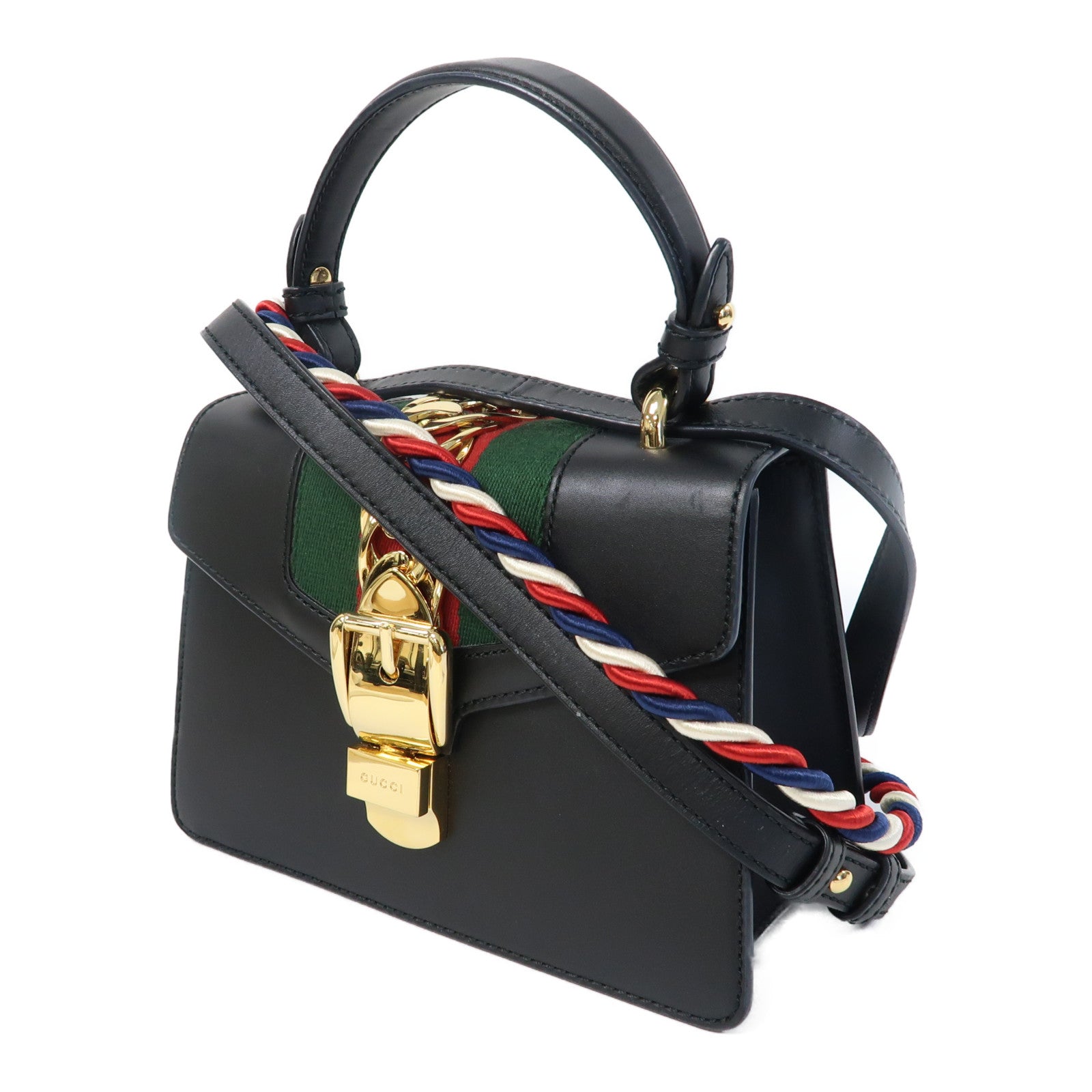 GUCCI 牛皮皮革Sylvie金扣手挽肩背兩用袋黑色