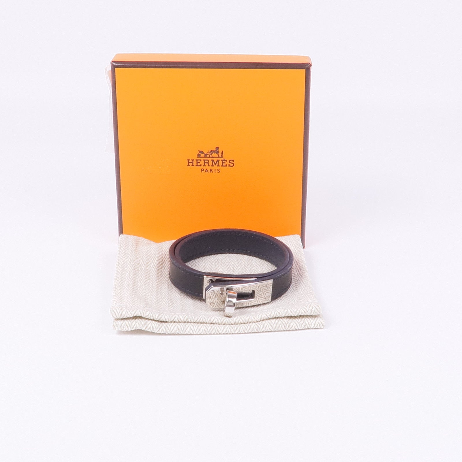 HERMES Swift皮革Kelly Double Tour Bracelet銀扣手帶Noir