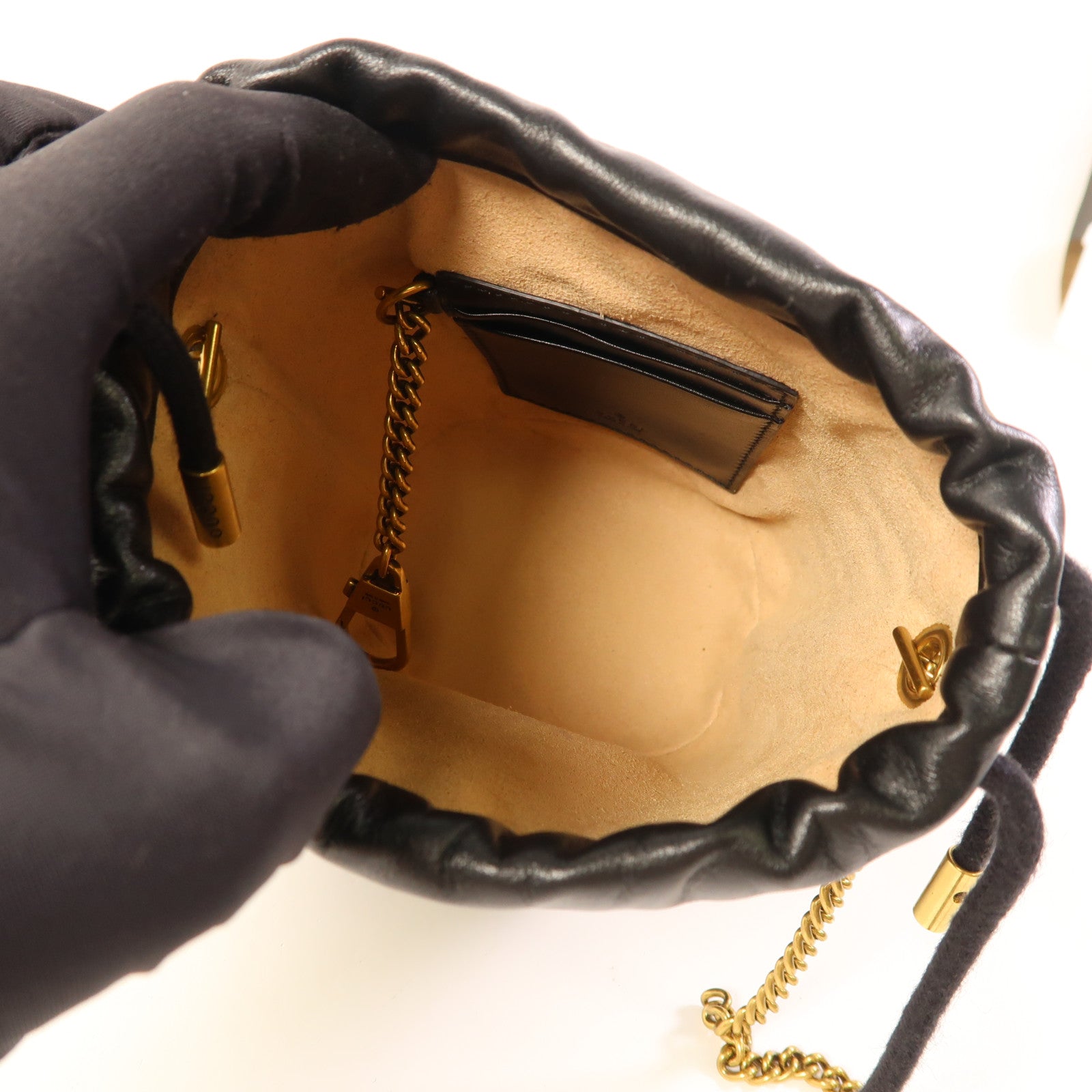 GUCCI GWH GG Marmont Bucket Chain Shoulder Bag Calfskin Leather Black