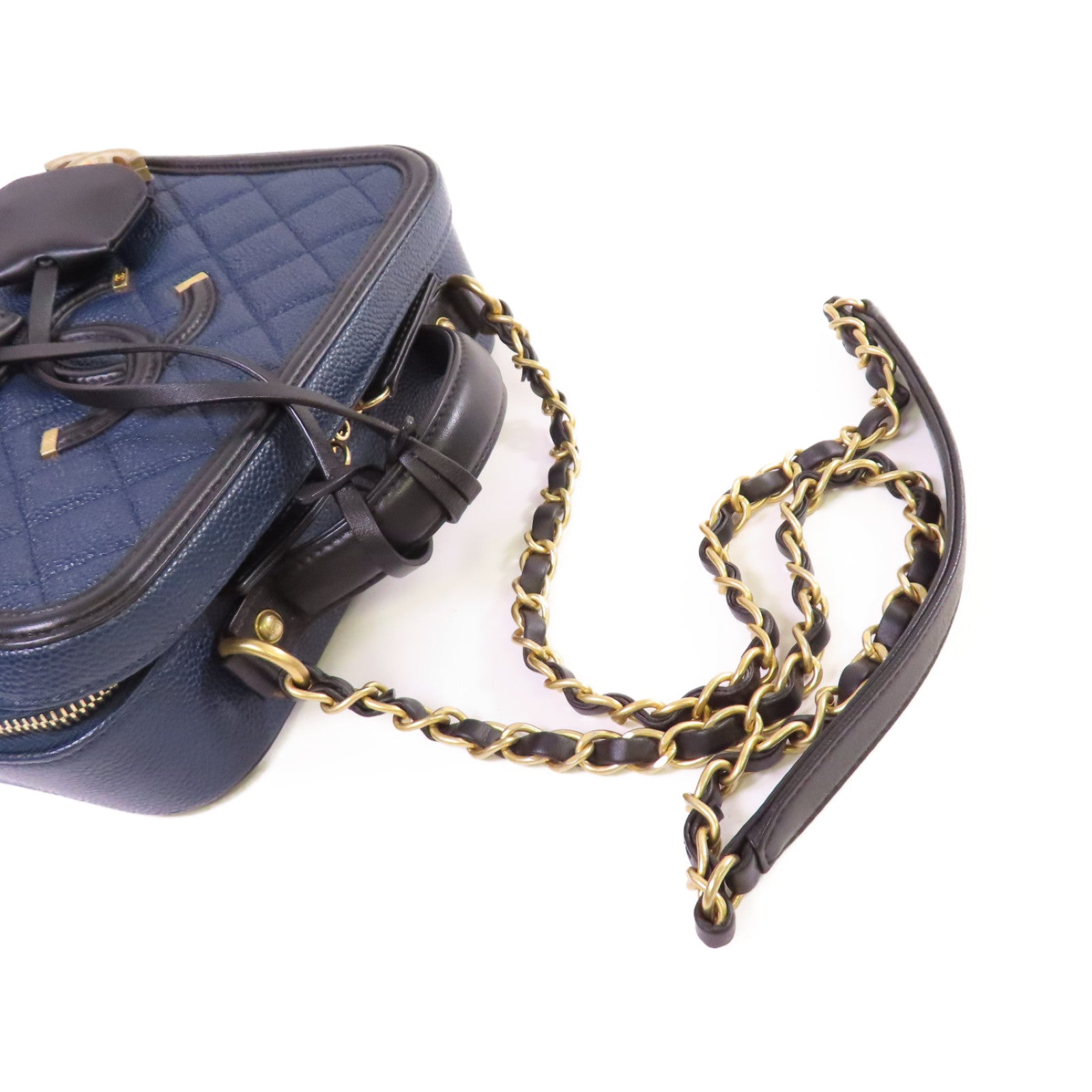CHANEL 菱格Caviar皮革Vanity Case Chain Shoulder Bag金扣鏈帶手挽肩背兩用袋寶藍色/黑色