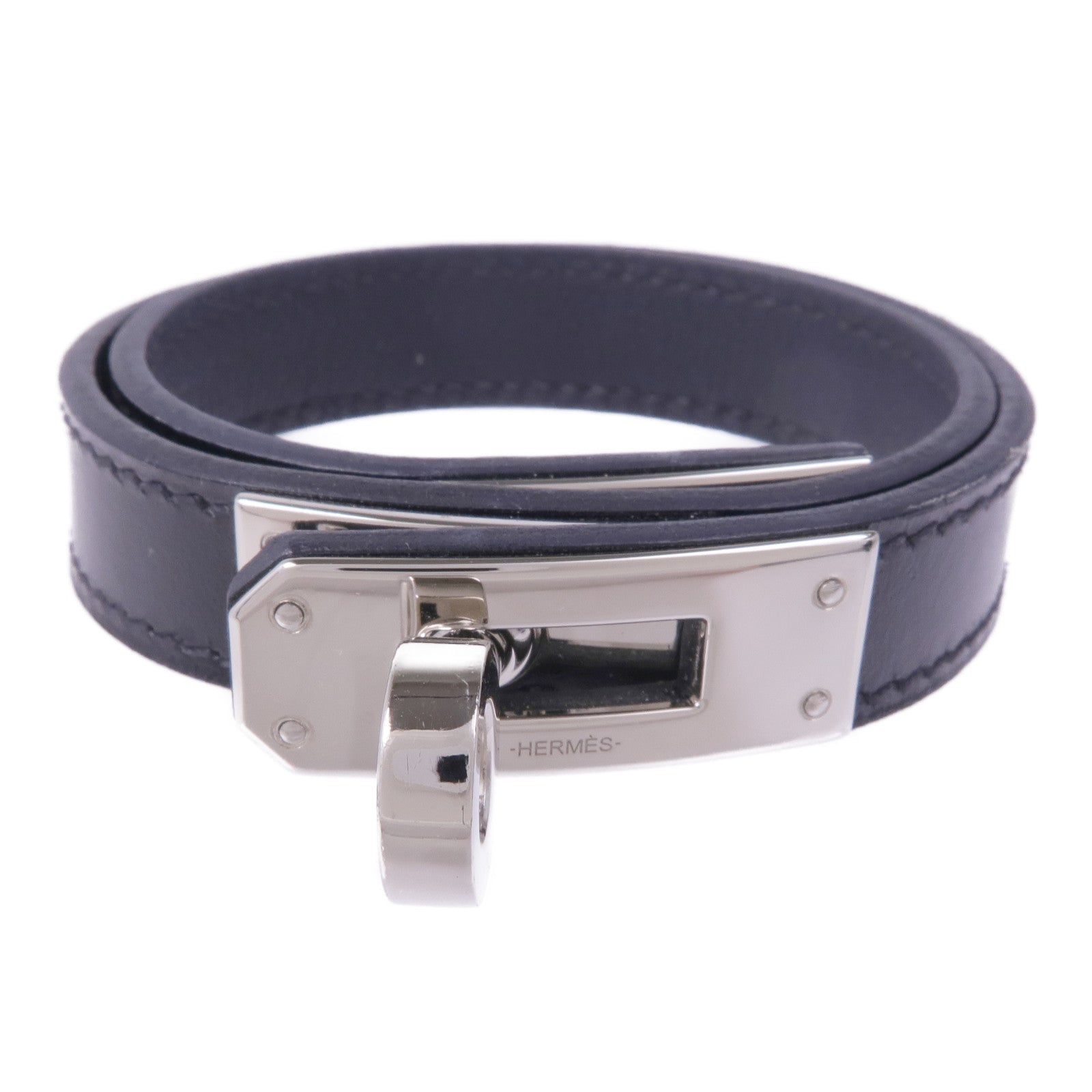 HERMES Swift皮革Kelly Double Tour Bracelet銀扣手帶Noir