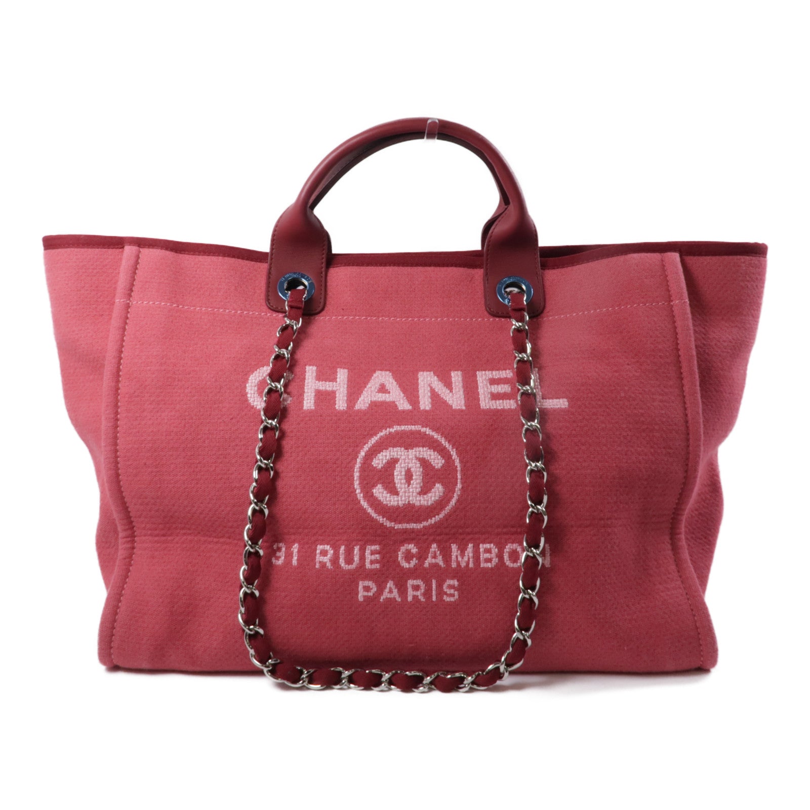 CHANEL 帆布Deauville Tote銀扣手挽肩背兩用袋紅色