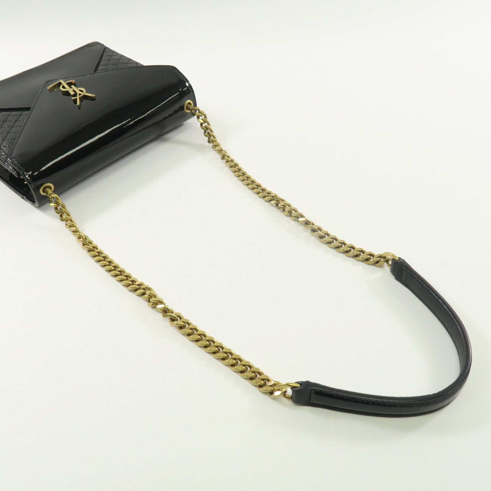 SAINT LAURENT 漆皮皮革Chain Shoulder Bag金扣鏈帶肩背袋黑色