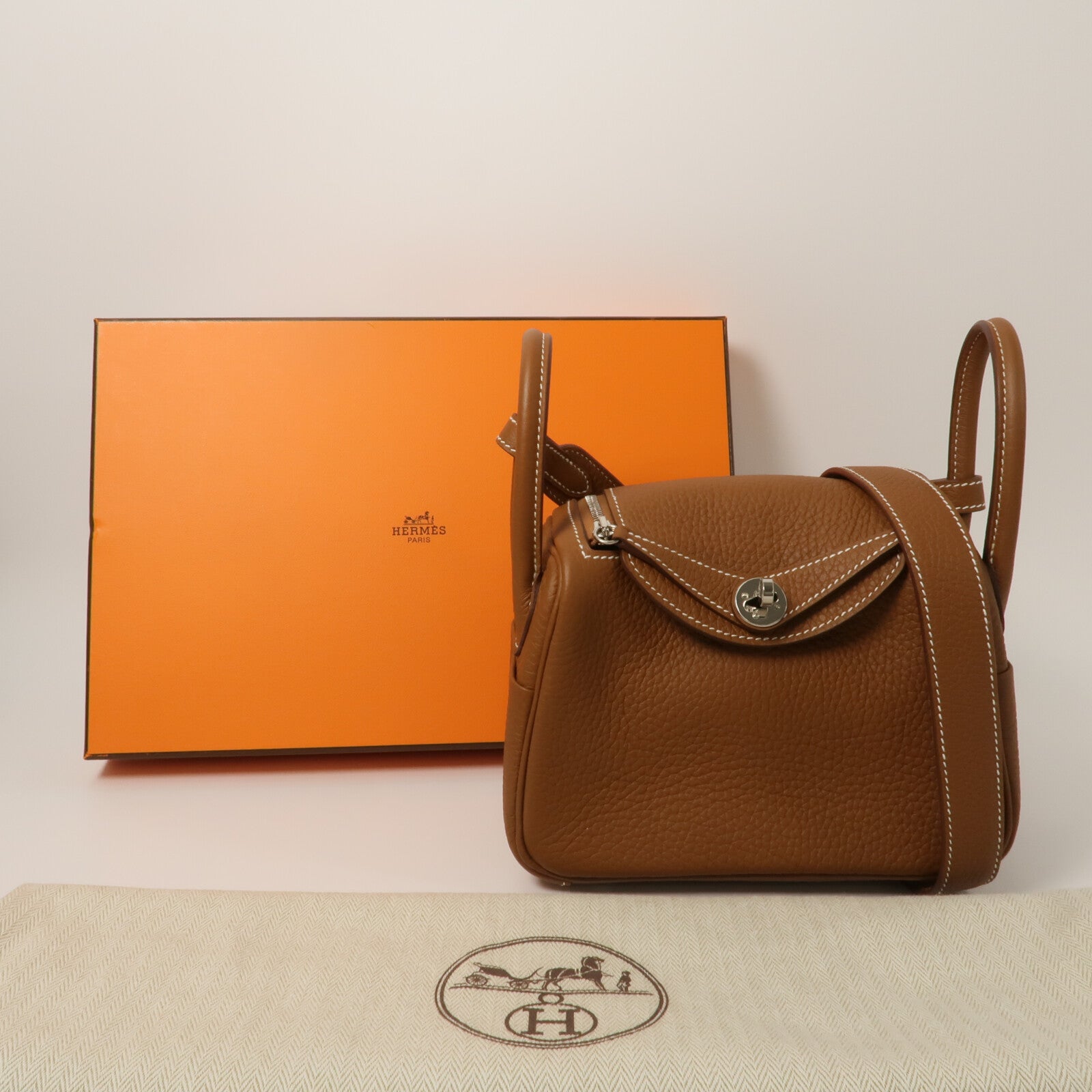 HERMES Clemence皮革Mini Lindy金扣手挽肩背兩用袋Gold