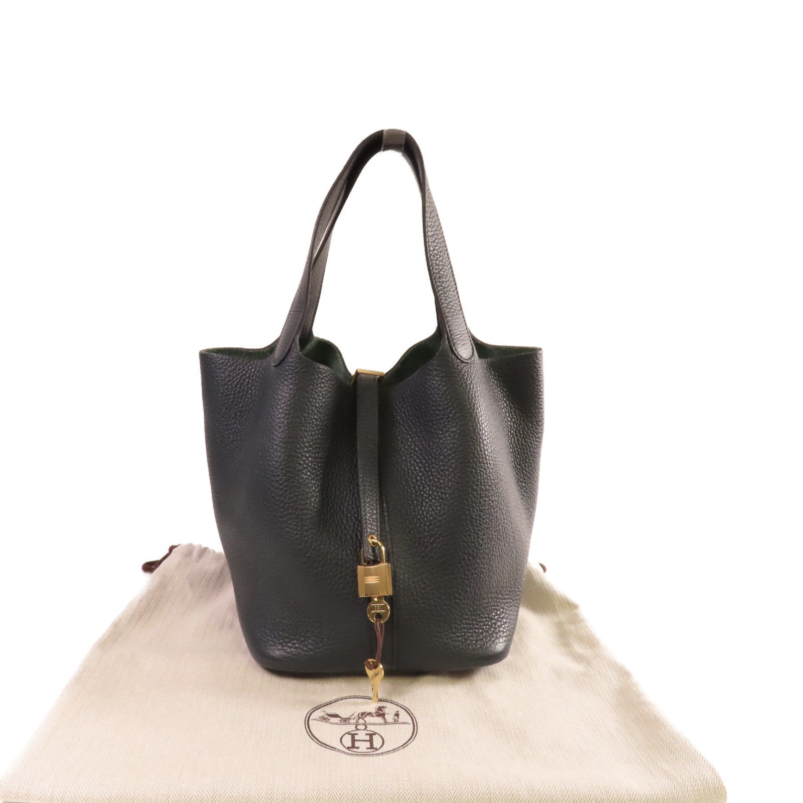 HERMES 【激減優惠】Clemence皮革Picotin MM Tote Bag金扣手挽袋深綠色