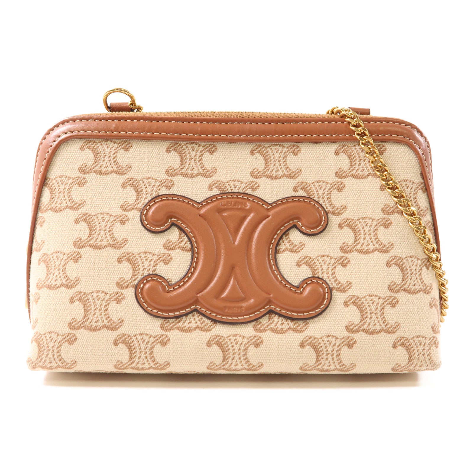 CELINE 帆布/皮革Chain Shoulder金扣鏈帶肩背袋白色/棕色