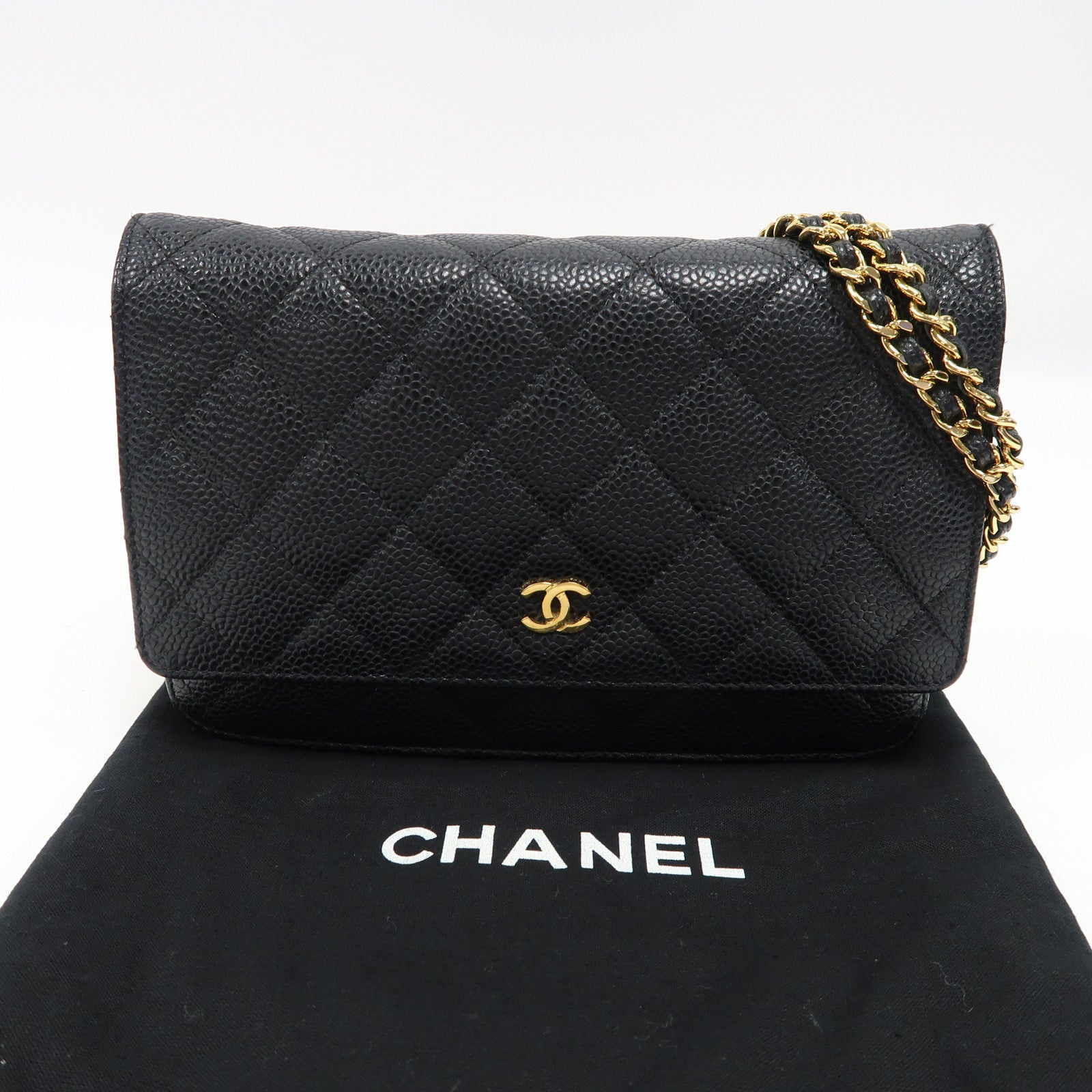 CHANEL 菱格Caviar皮革Wallet On Chain金扣鏈帶肩背袋黑色