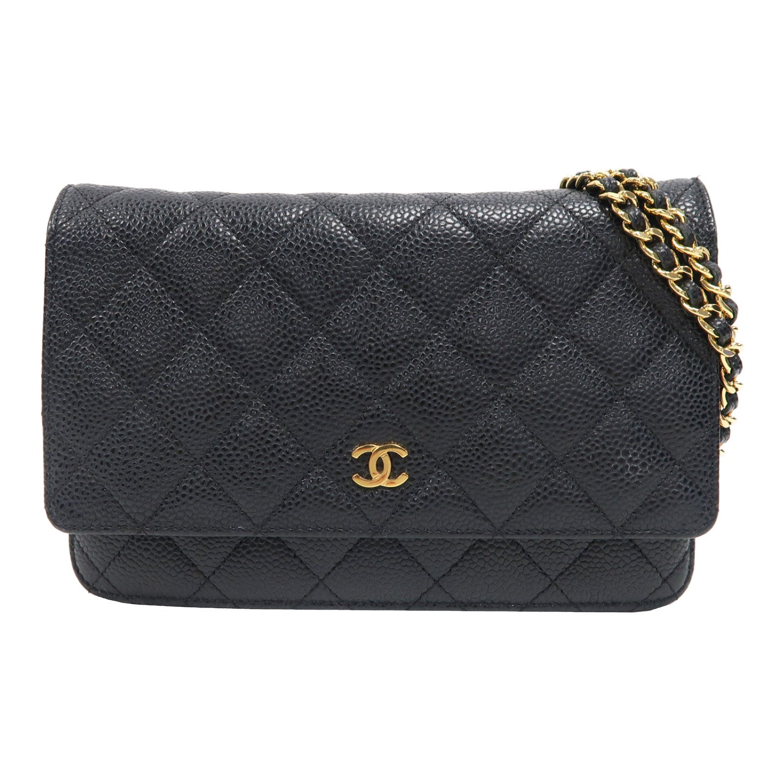 CHANEL 菱格Caviar皮革Wallet On Chain金扣鏈帶肩背袋黑色