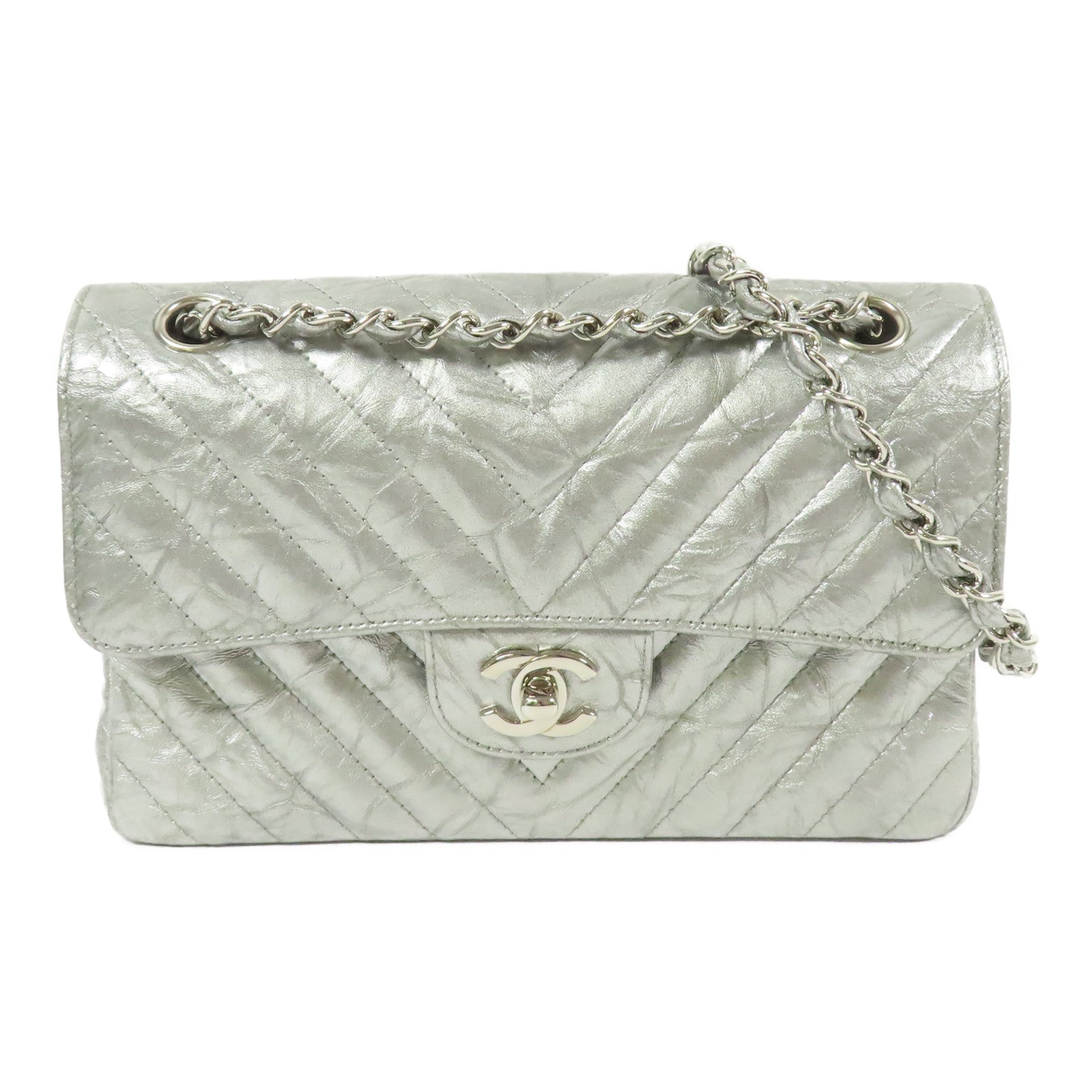 CHANEL 漆皮皮革Classic 23銀扣鏈帶肩背袋