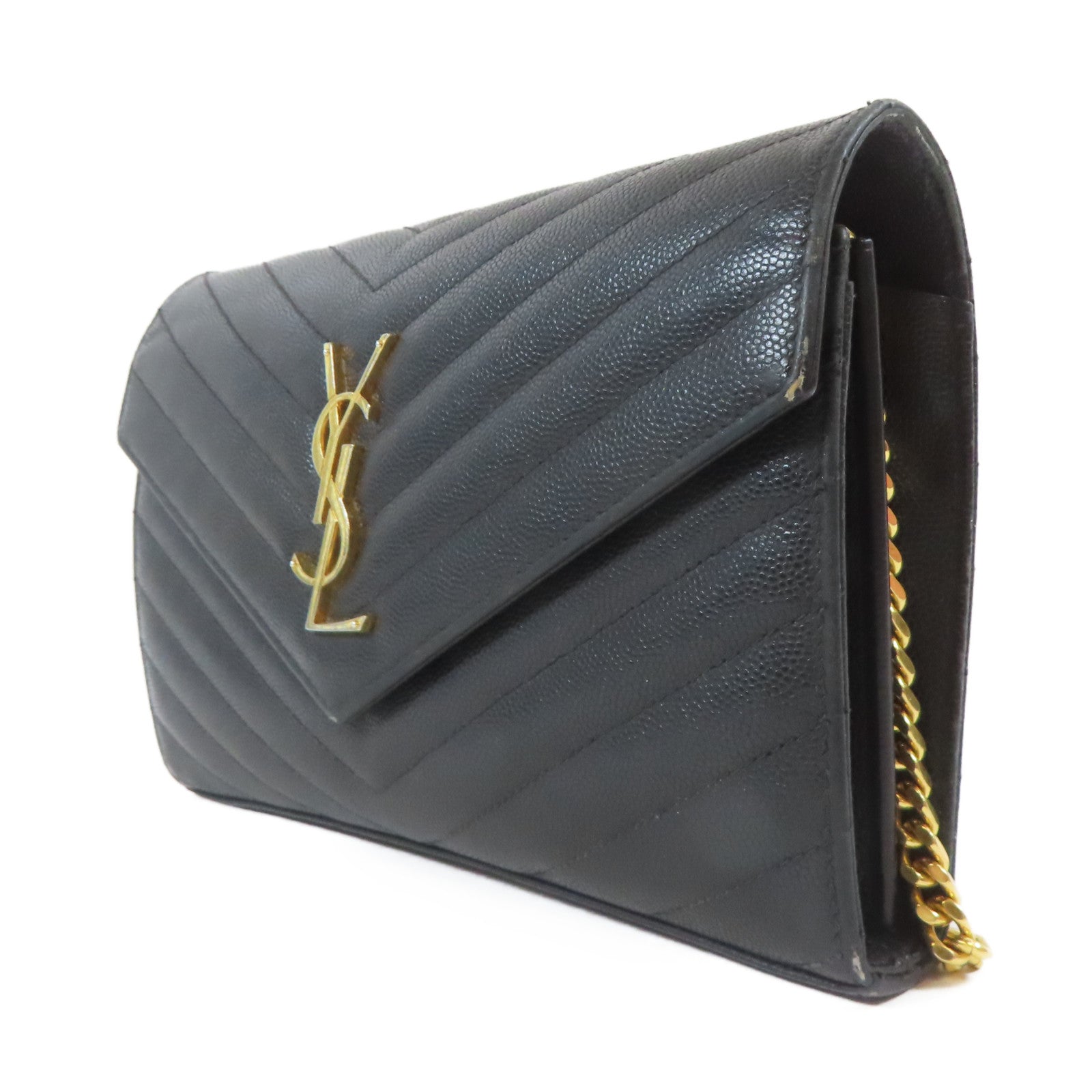 SAINT LAURENT 斜紋牛皮皮革Cassandre Envelope Chain Wallet金扣肩背袋黑色