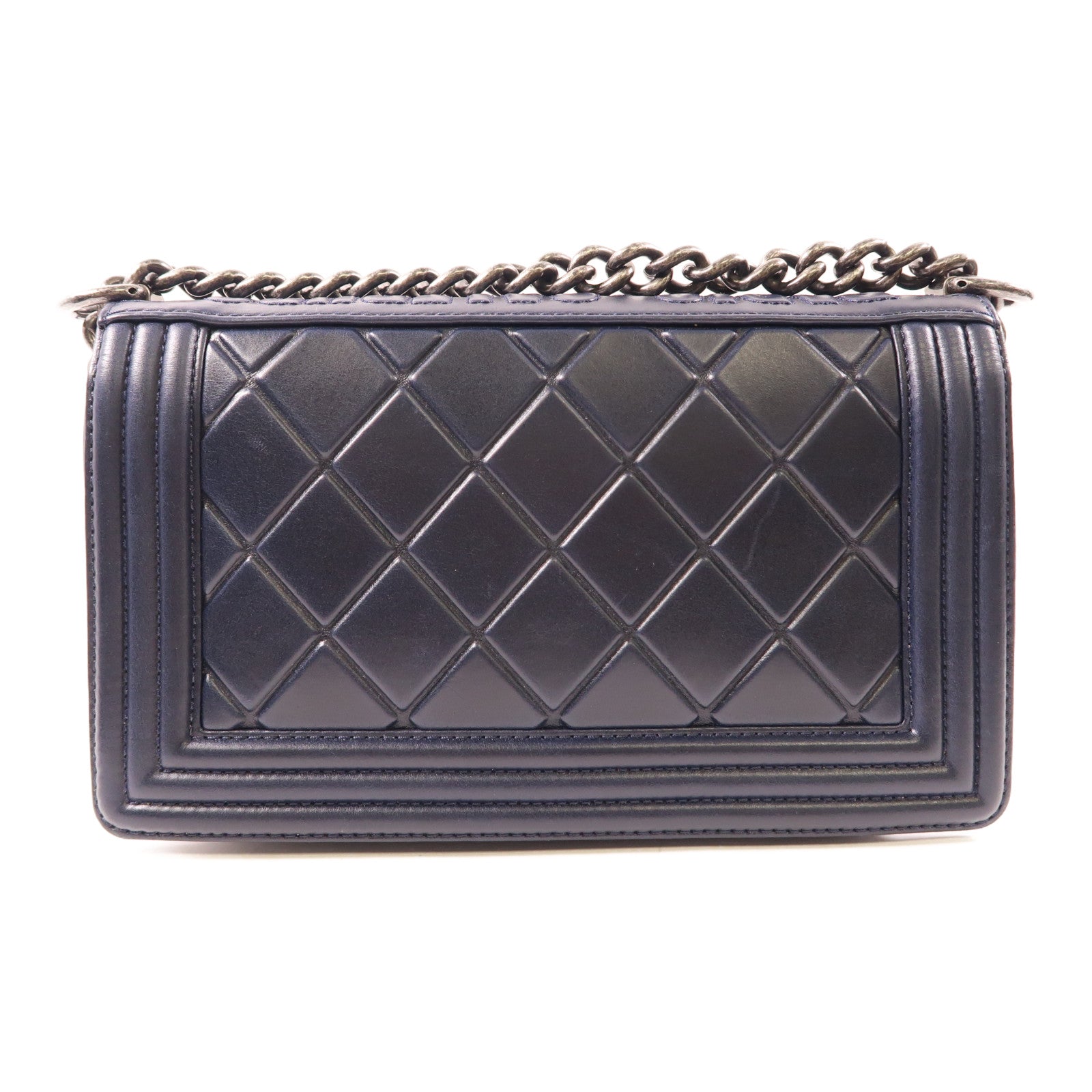 CHANEL 羊皮皮革Paris Salzburg Boy 25銀扣鏈帶肩背袋深藍色