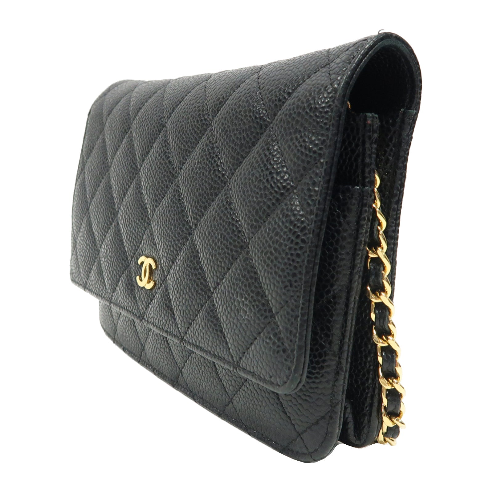 CHANEL 菱格Caviar皮革Wallet On Chain金扣鏈帶肩背袋黑色