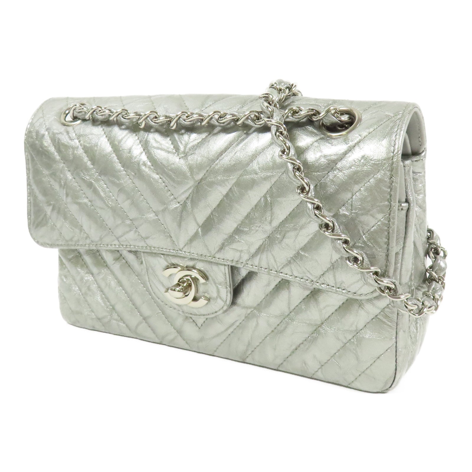 CHANEL 漆皮皮革Classic 23銀扣鏈帶肩背袋