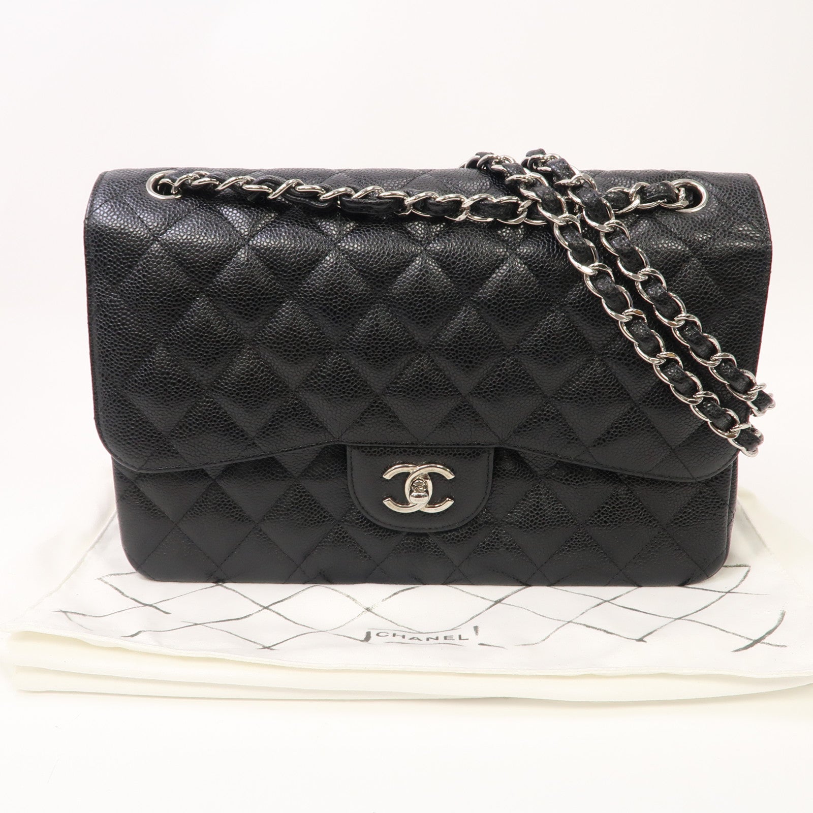 CHANEL 【激減優惠】菱格Caviar皮革Jumbo銀扣鏈帶肩背袋黑色