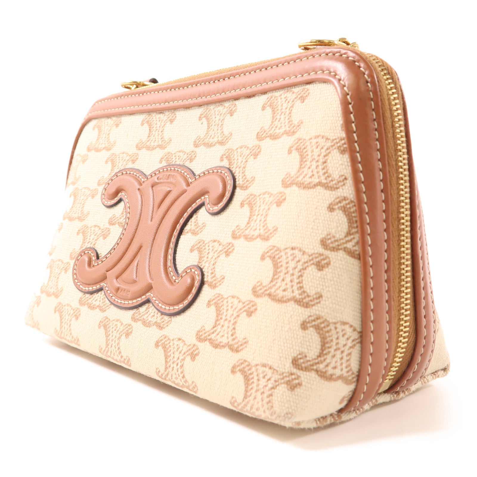 CELINE 帆布/皮革Chain Shoulder金扣鏈帶肩背袋白色/棕色
