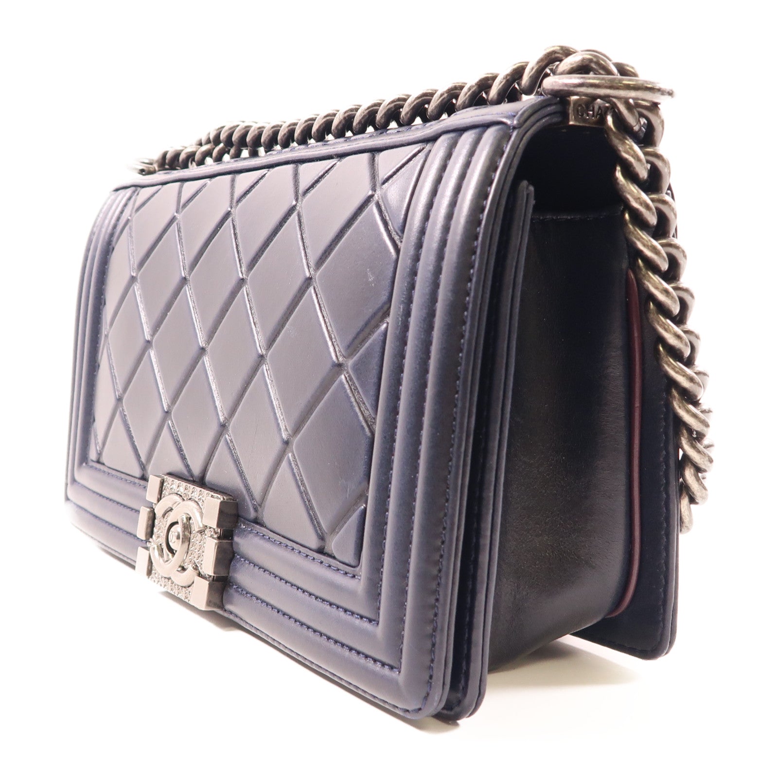 CHANEL 羊皮皮革Paris Salzburg Boy 25銀扣鏈帶肩背袋深藍色