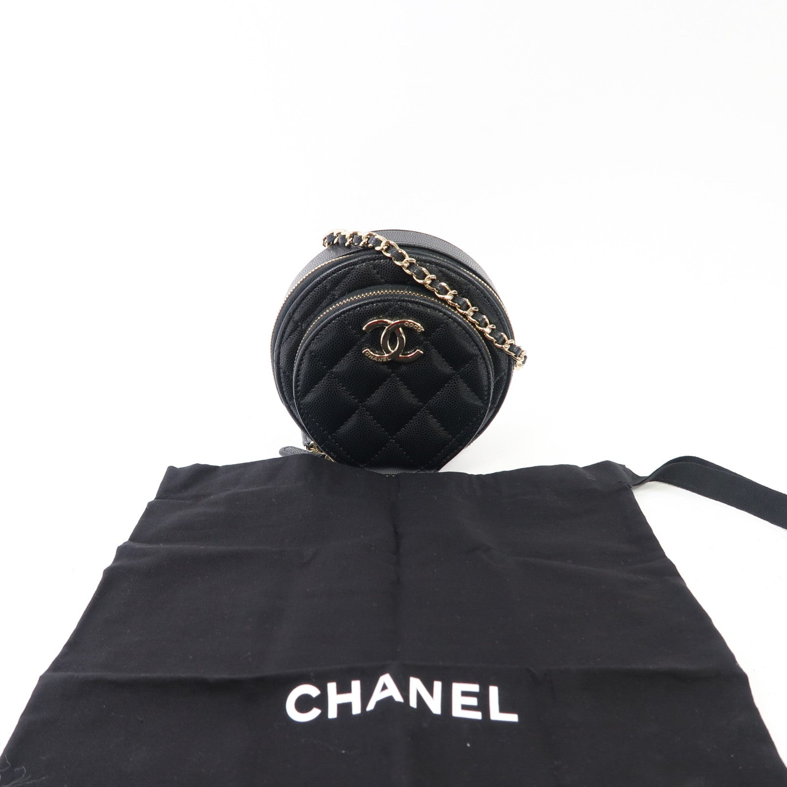 CHANEL 菱格牛皮皮革Chain Shoulder金扣鏈帶肩背袋黑色