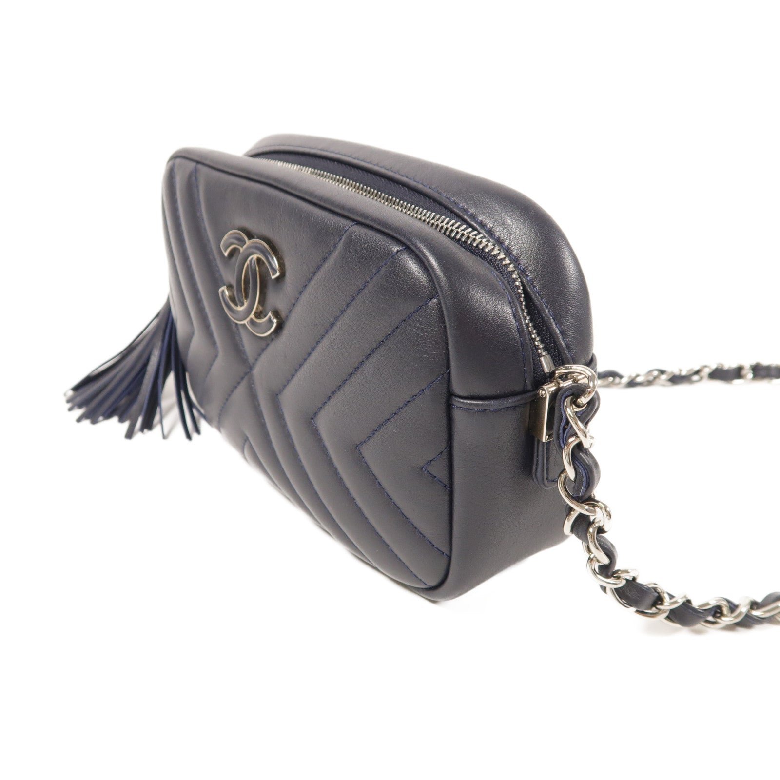 CHANEL 牛皮皮革Chain Shoulder銀扣鏈帶肩背袋