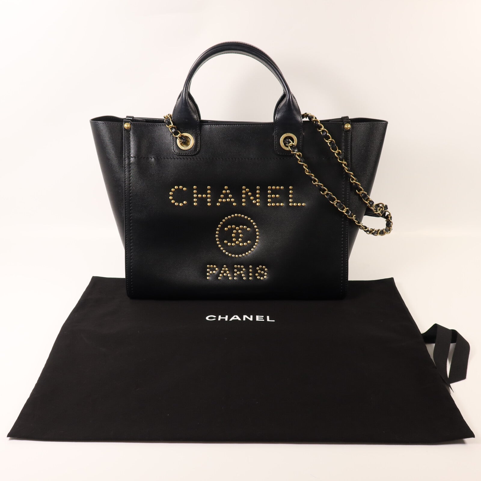 CHANEL 【激減優惠】牛皮皮革Deauville Tote金扣鏈帶手挽肩背兩用袋