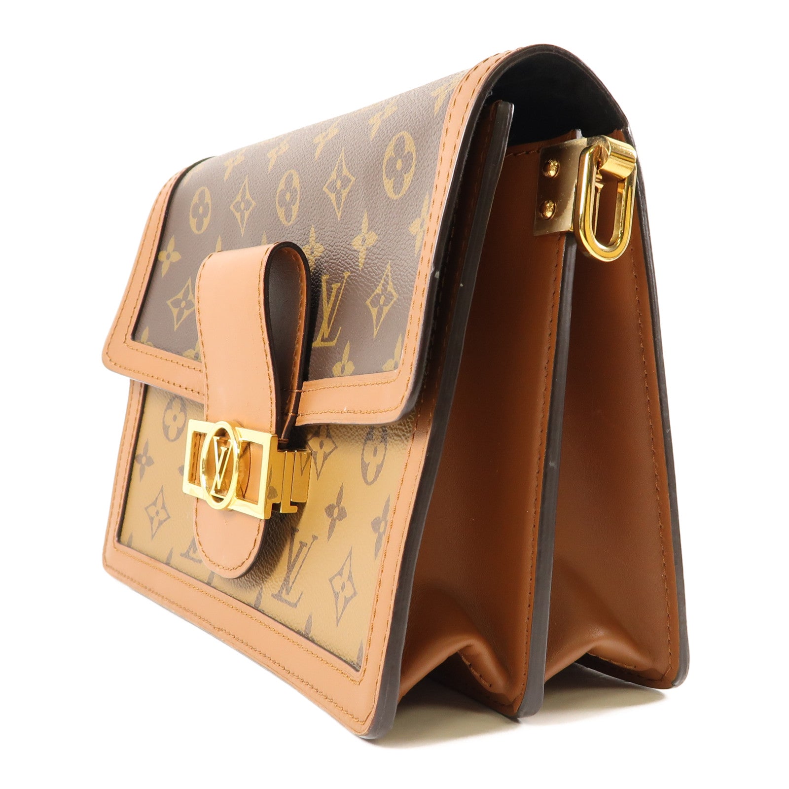 LOUIS VUITTON Monogram/Monogram Reverse Dauphine MM金扣手挽肩背兩用袋棕色