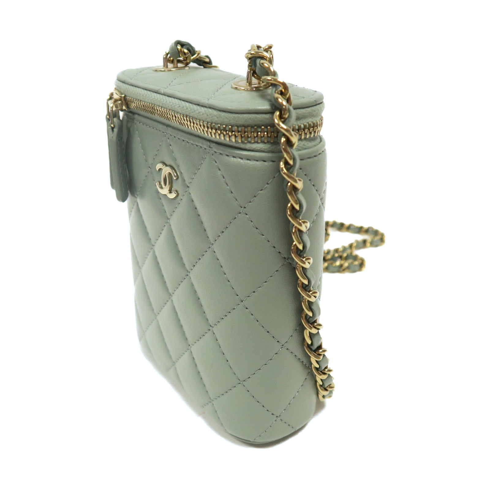 CHANEL **【激減優惠】菱格羊皮皮革Mini Gigarette Box金扣鏈帶肩背袋淺綠色