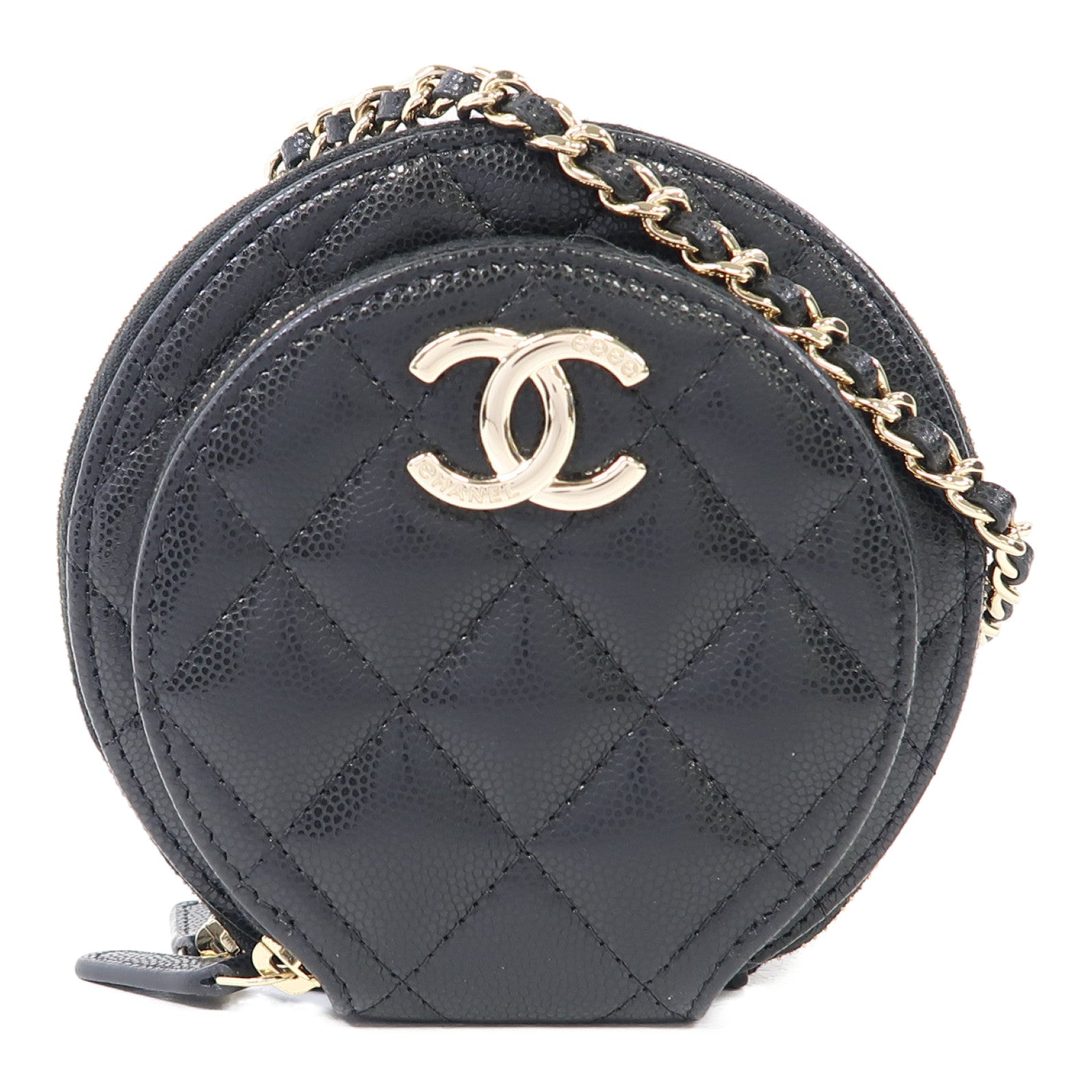 CHANEL 菱格牛皮皮革Chain Shoulder金扣鏈帶肩背袋黑色