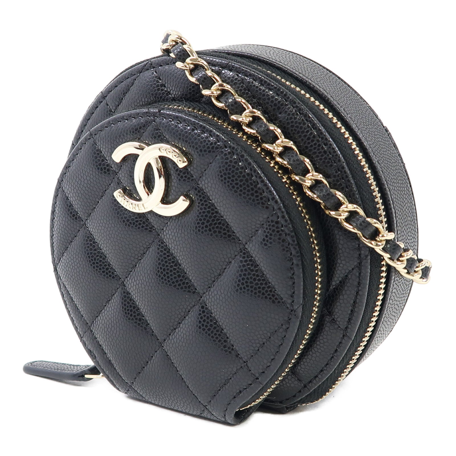 CHANEL 菱格牛皮皮革Chain Shoulder金扣鏈帶肩背袋黑色